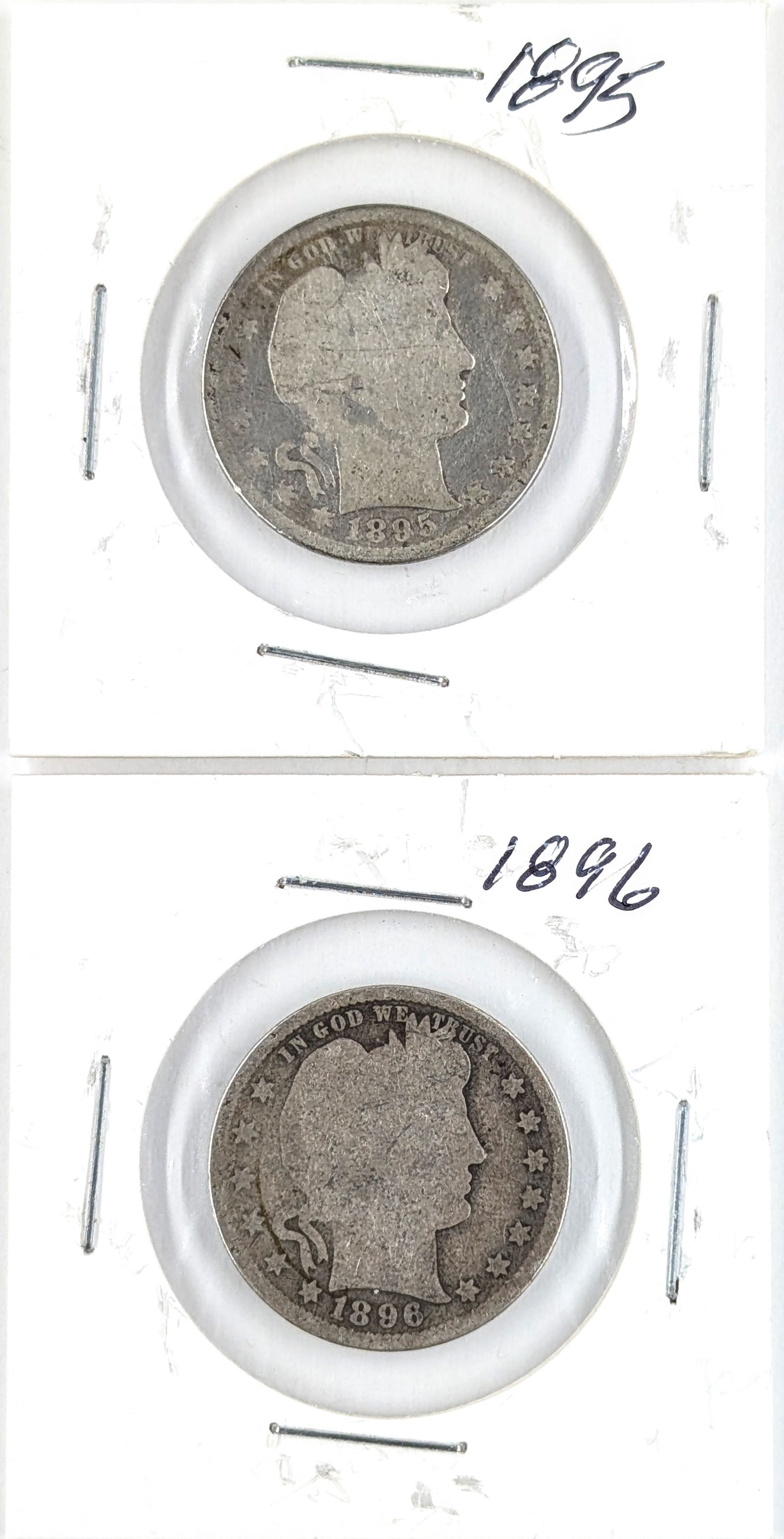 Lot of 2 Silver Barber Quarters- 1895, 1896: _ 