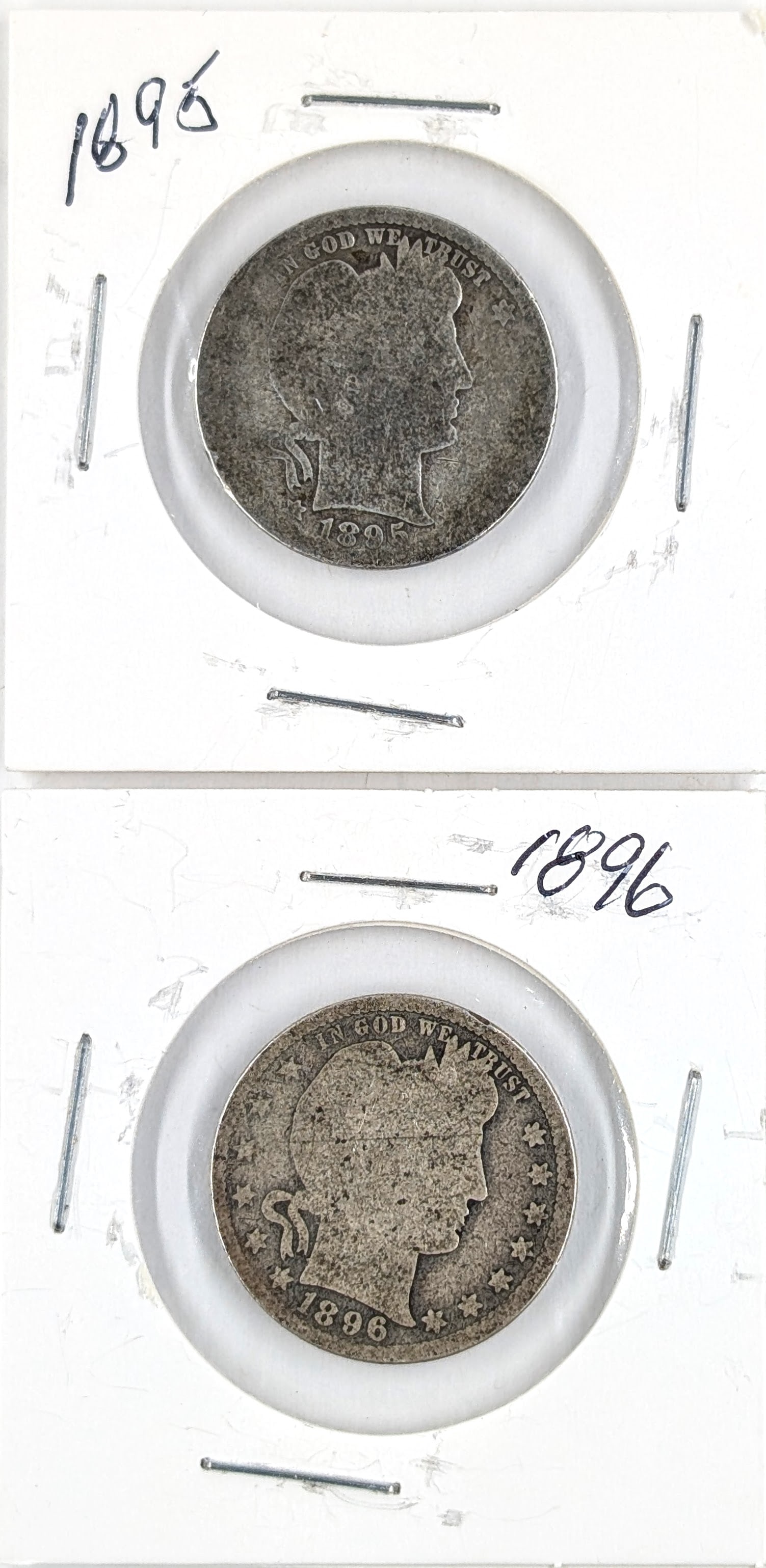 Lot of 2 Silver Barber Quarters- 1895, 1897: _ 