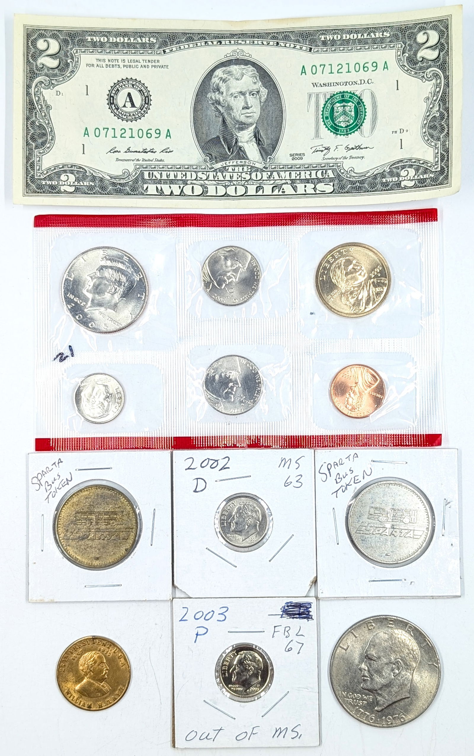 Lot of Coins, Currency, Tokens - 2005-D Uncirculated, 2009 $2 Note, etc (1 of 2)