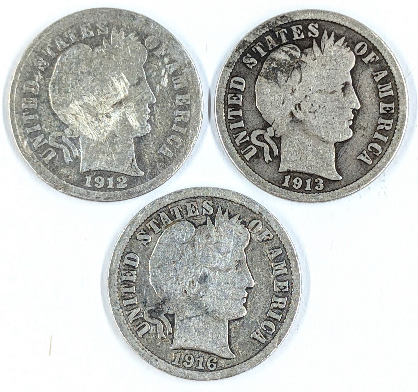 Lot of 3 Silver Barber Dimes - 1912, 1913, 1916 (1 of 2)