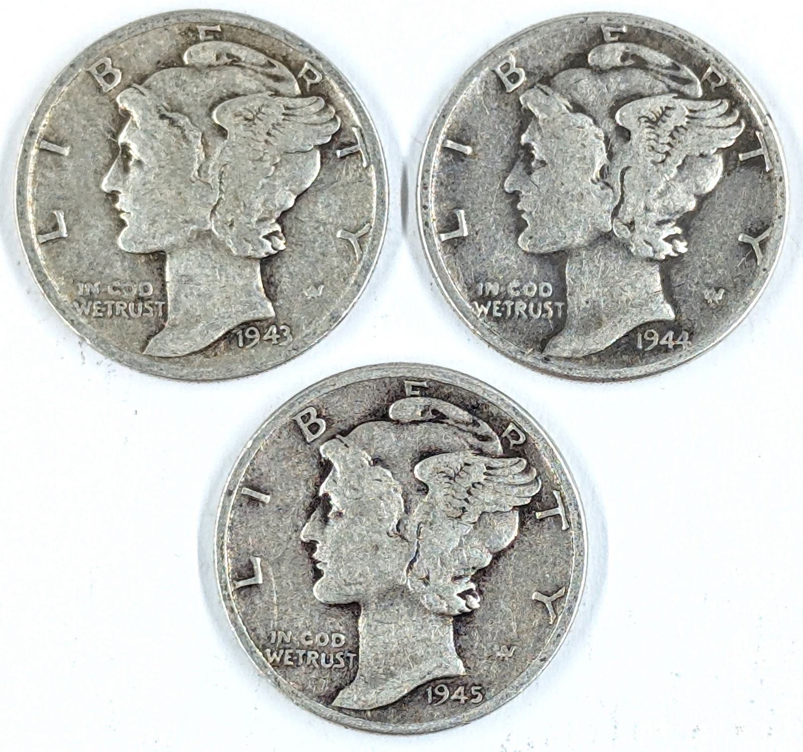 Lot of 3 Silver Mercury Dimes - 1943, 1944, 1945: _