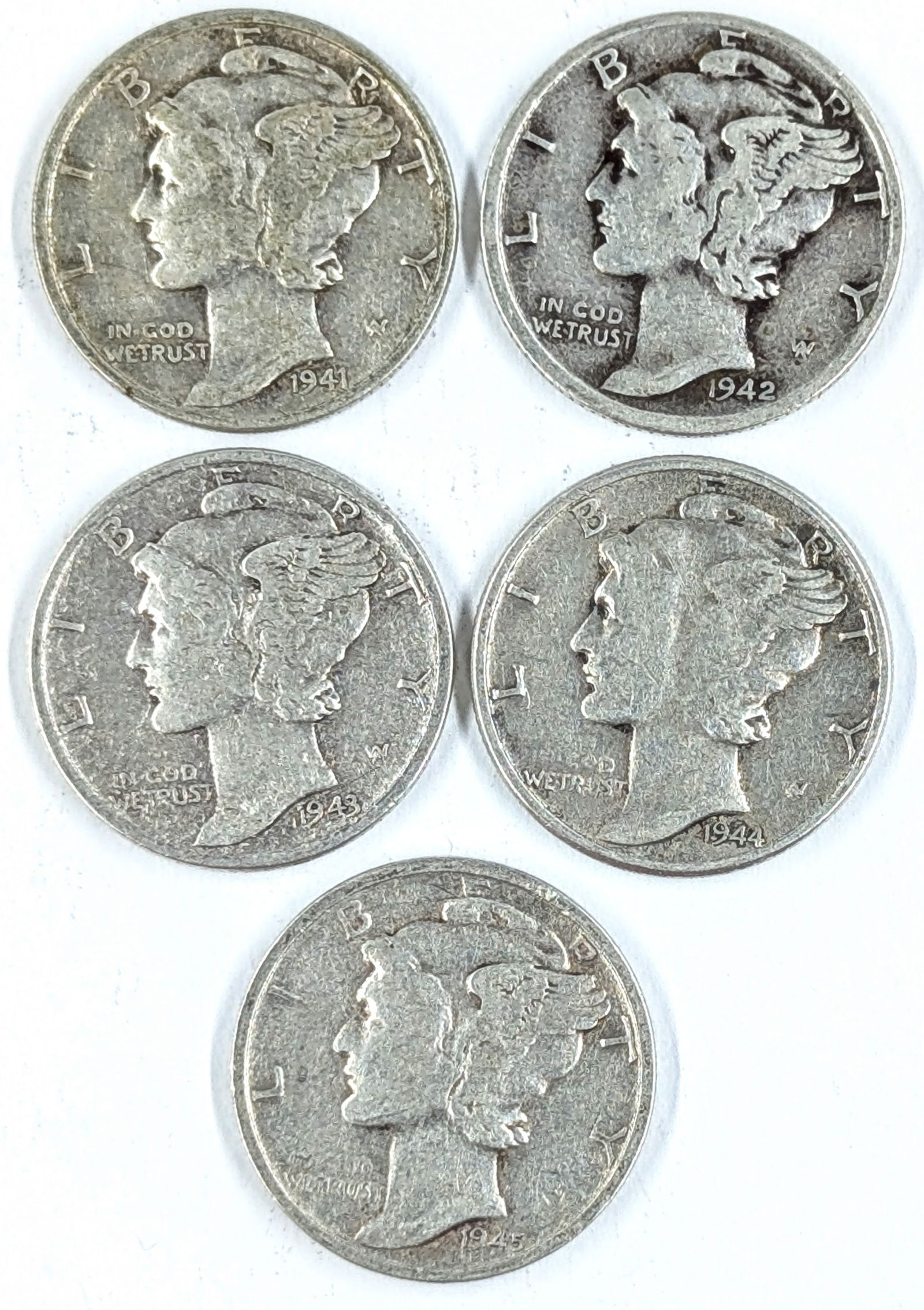 Lot of 5 Silver Mercury Dimes - 1941-1945 (1 of 2)