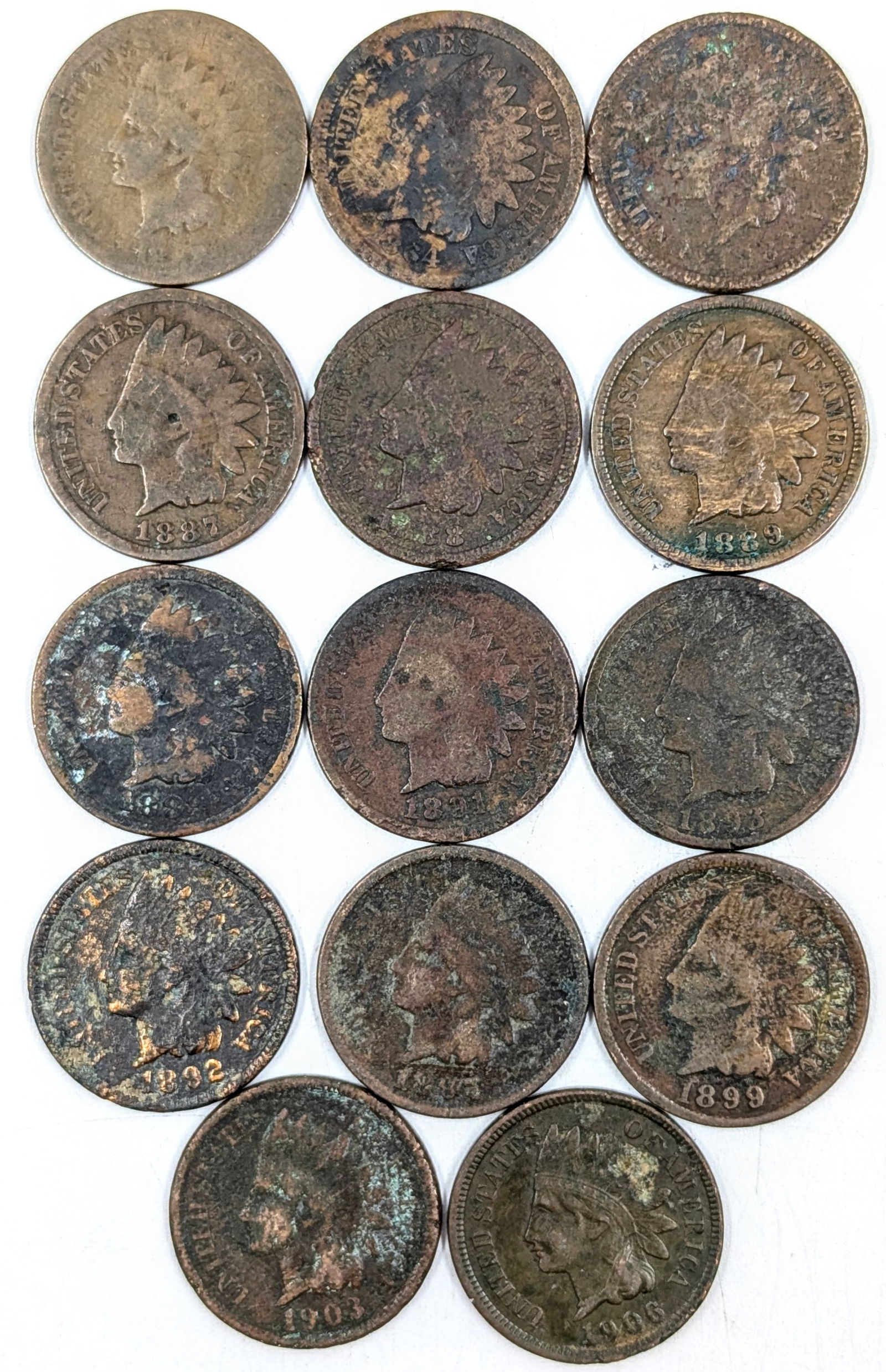 Lot of 14 Indian Head Cents - 1887-1906 (1 of 2)