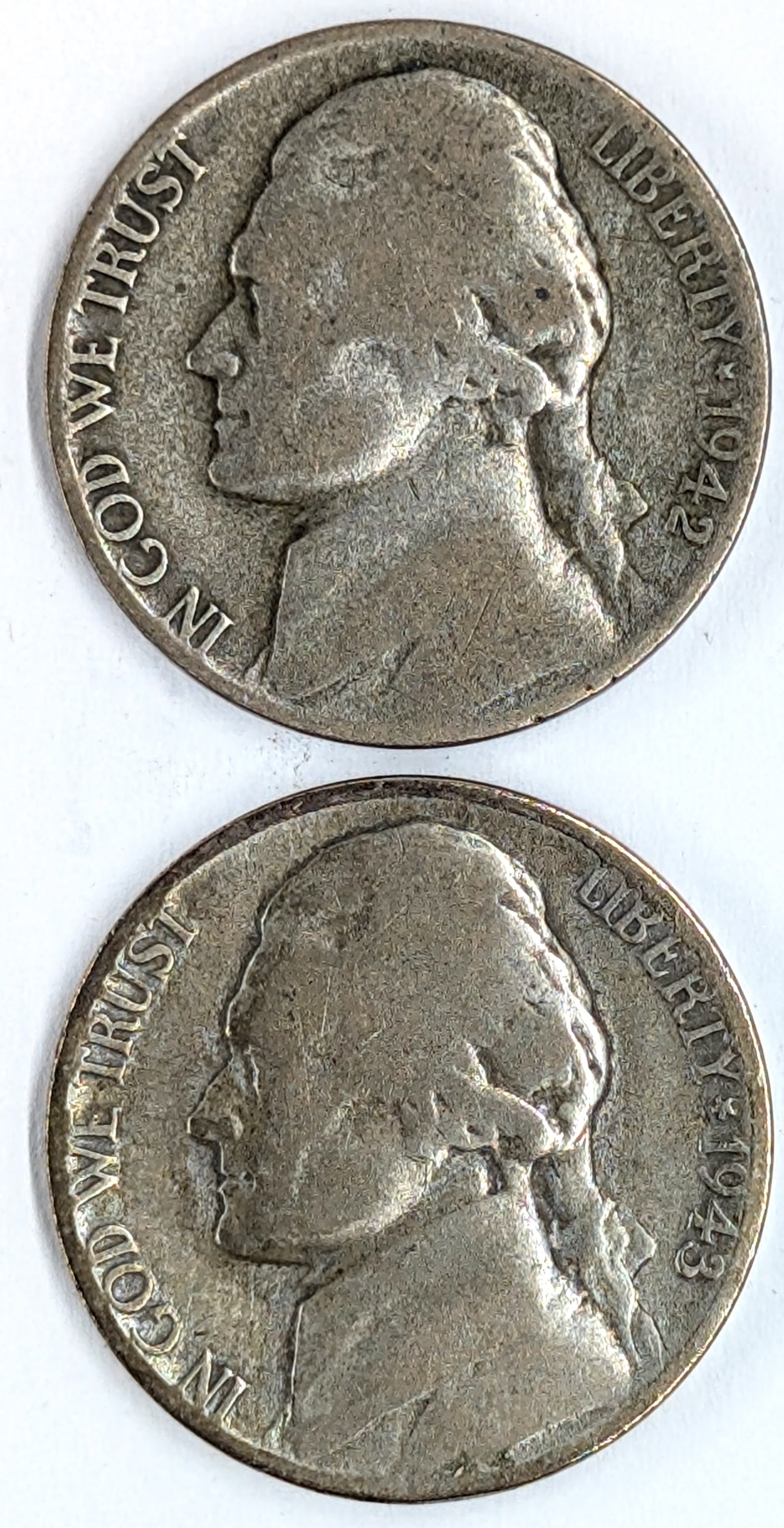 Lot of 2 Silver War Nickels - 1942-P, 1943-P: 35% Silver 