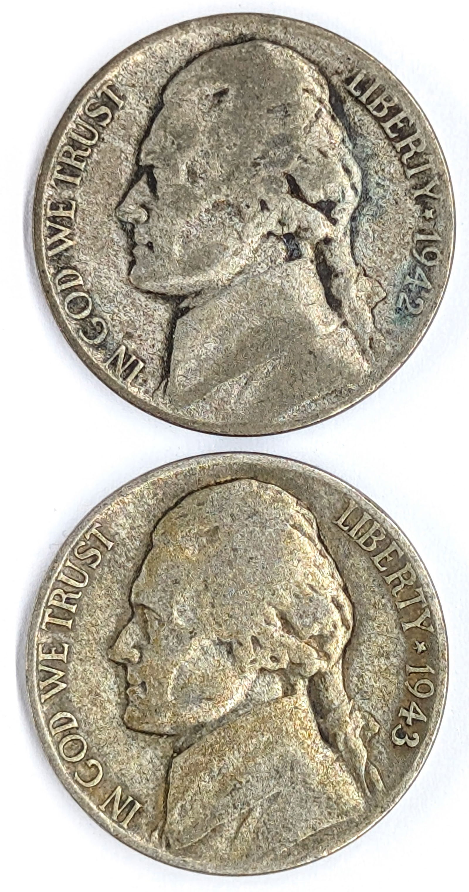 Lot of 2 Silver War Nickels - 1942-P, 1943-P: 35% Silver 