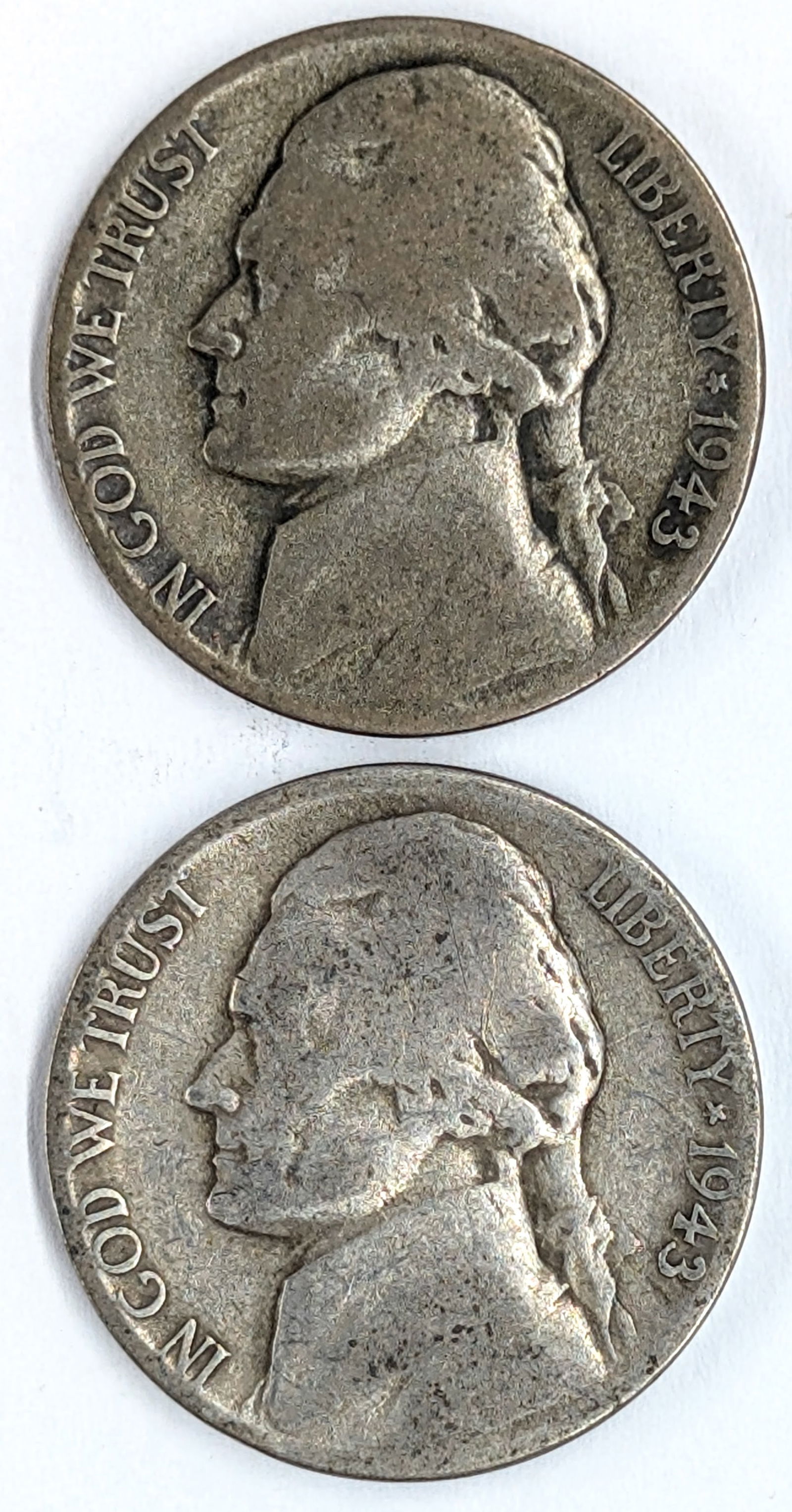 Lot of 2 Silver War Nickels - 1943 P/S: 35% Silver 