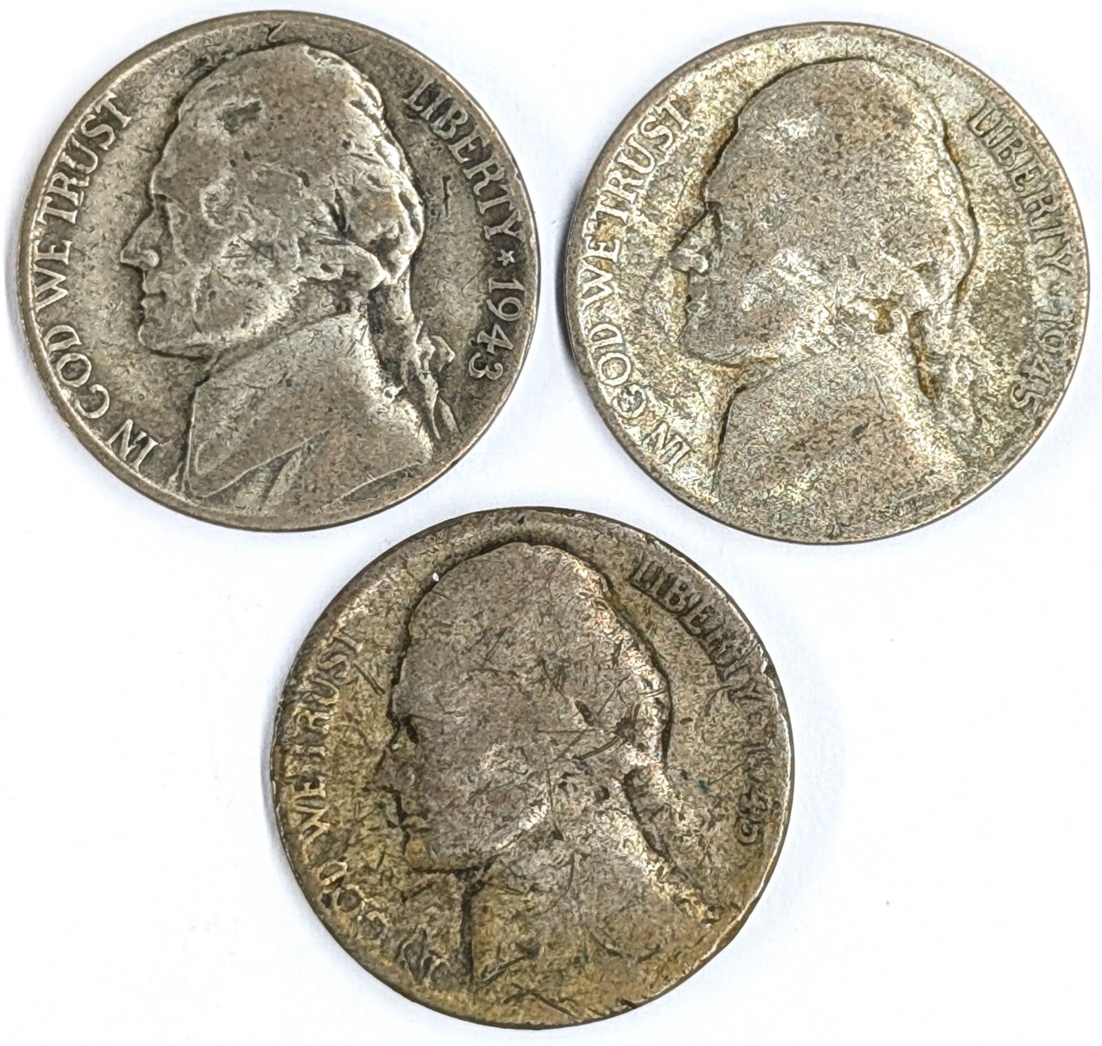 Lot of 3 Silver War Nickels - 1943-P, 1945-P(2): 35% Silver 