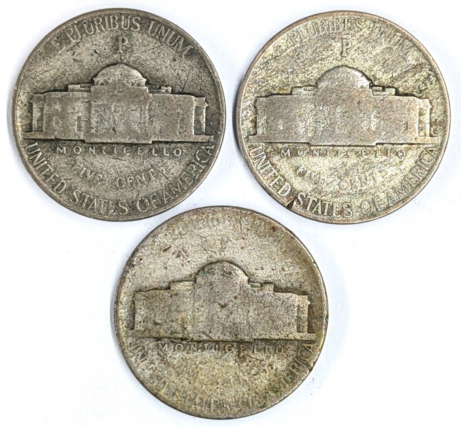 Lot of 3 Silver War Nickels - 1943-P, 1945-P(2) - 2