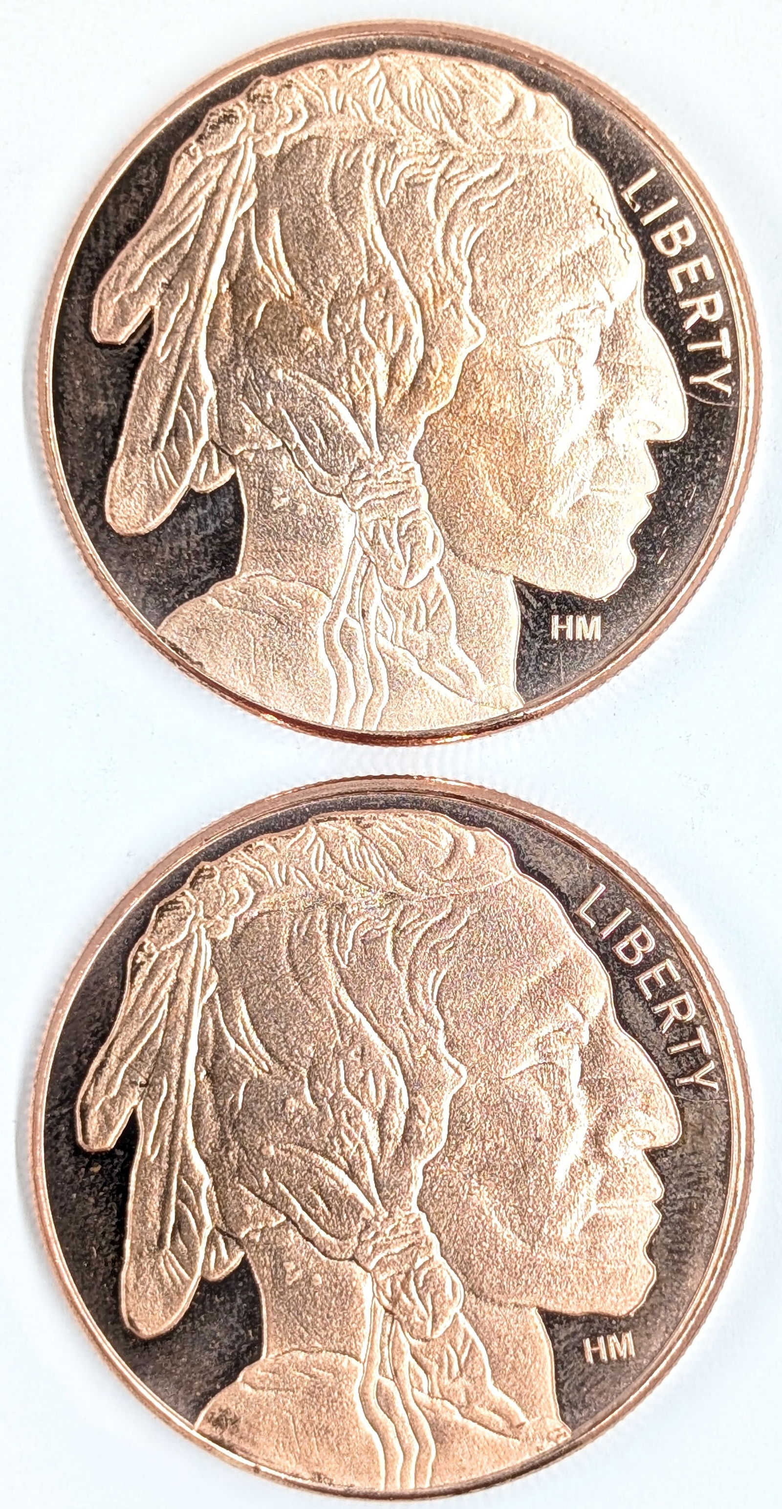 Lot of 2 - 1 Ounce (each) Fine .999 Copper Rounds - Indian Head: _ 