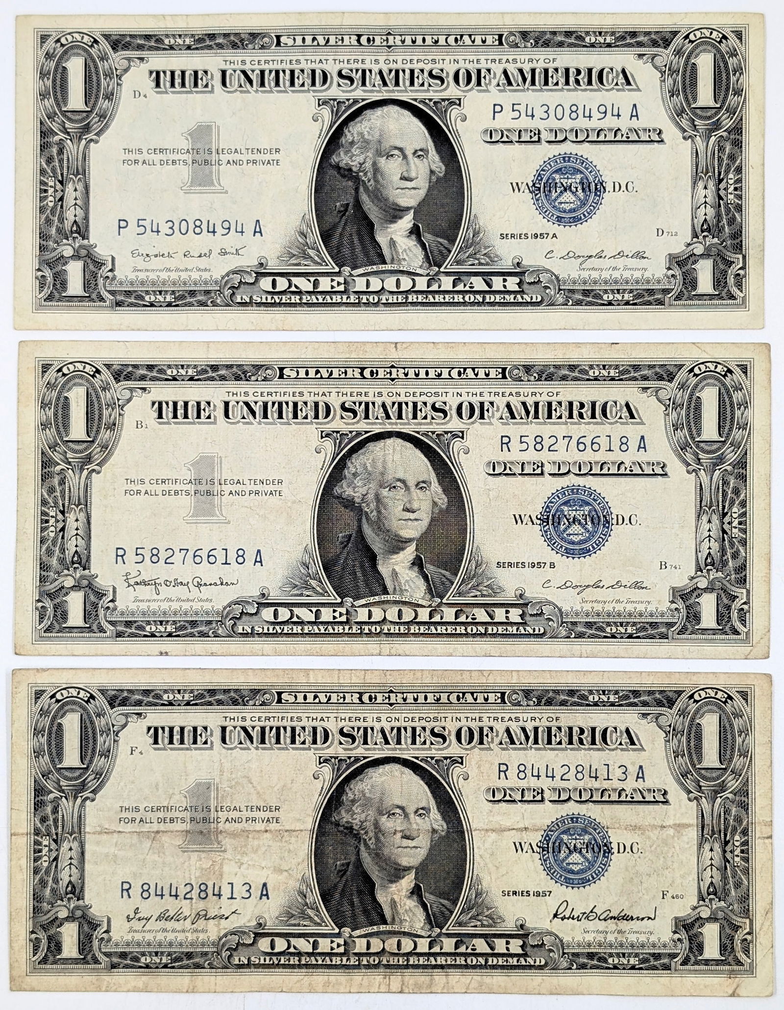 Lot of 3 - 1957 A/B $1 Notes - Silver Certificates: Circulated Condition 