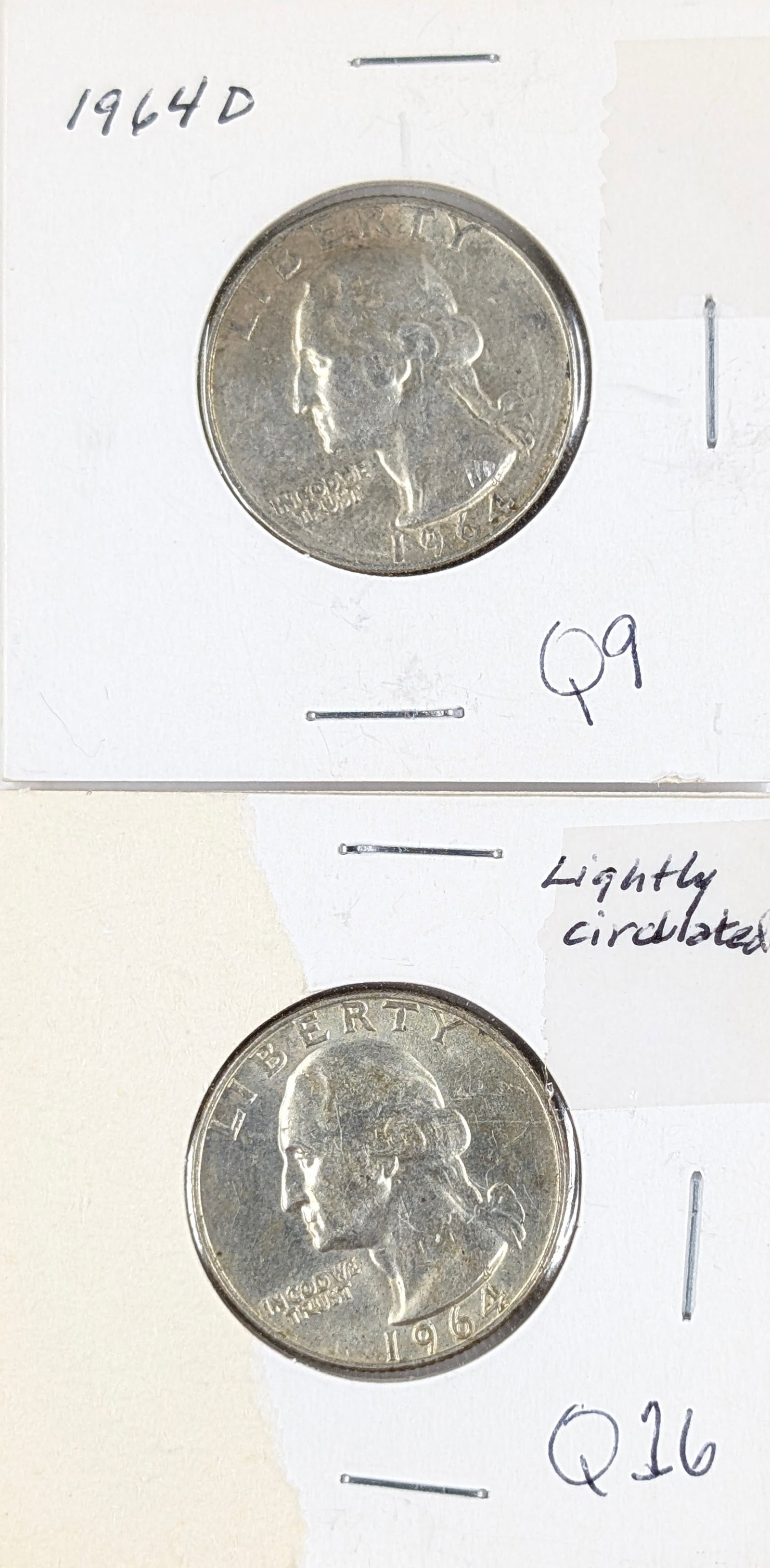 Lot of 2 Silver Washington Quarters - Both 1964-D: Silver 