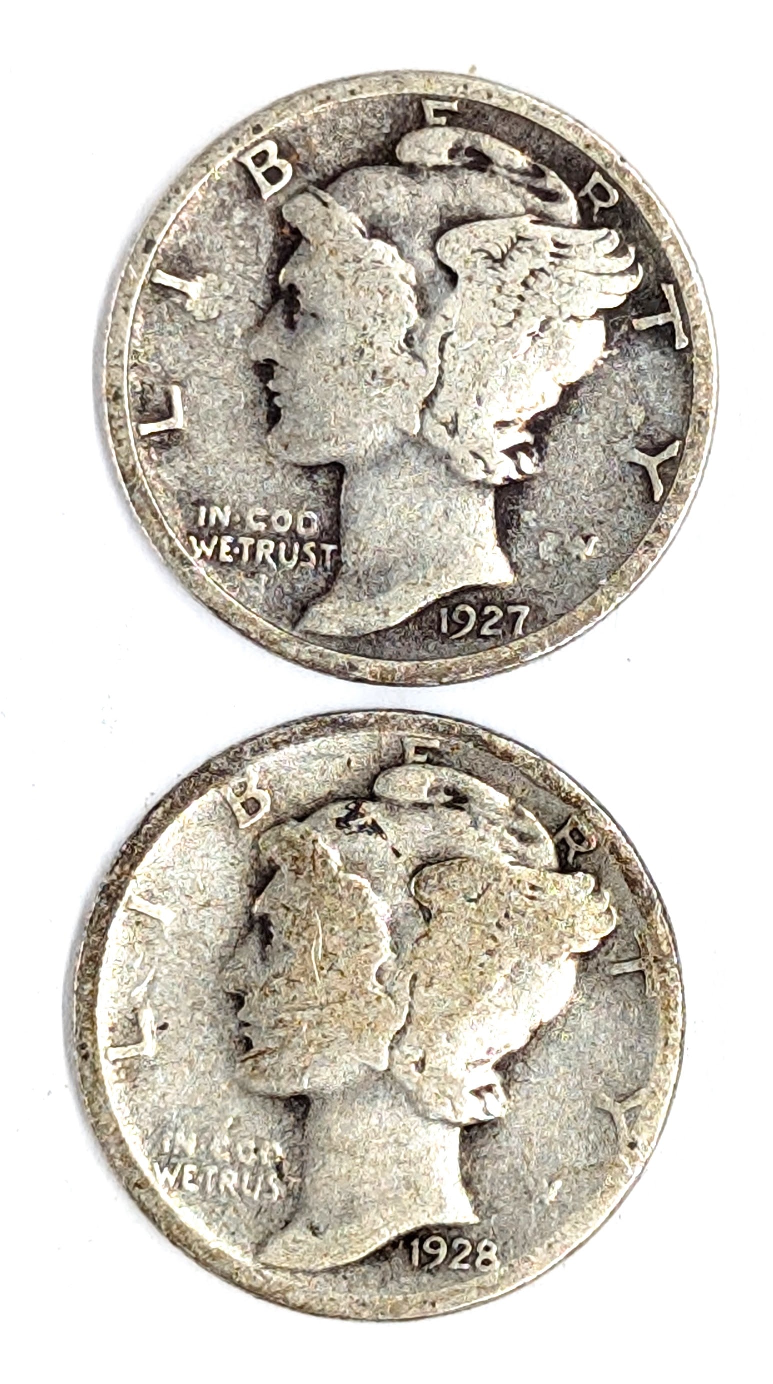 Lot of 2 Silver Mercury Dimes - 1927, 1928 (1 of 2)