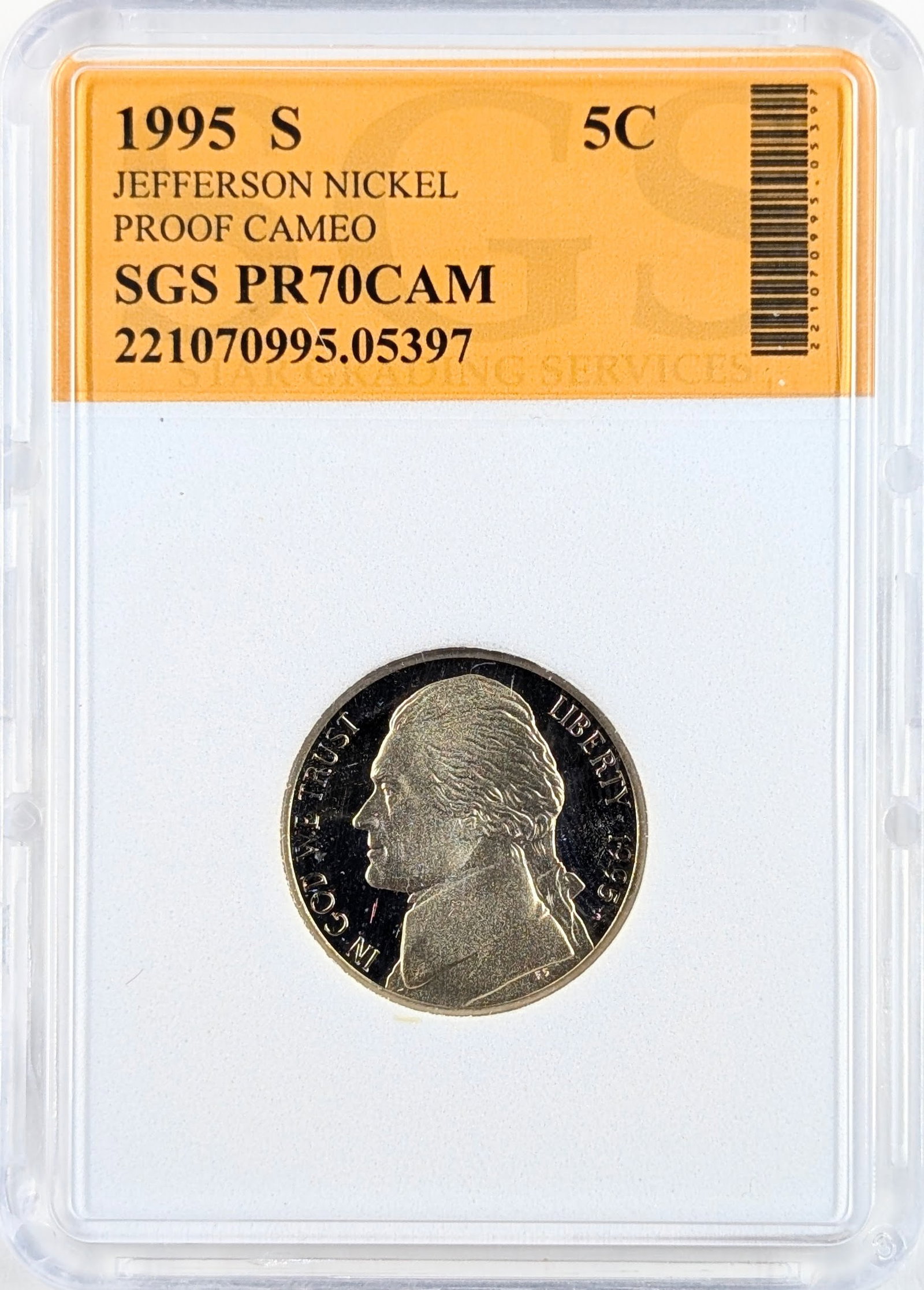 SGS 1995-S PR70 CAM Jefferson Nickel: Coin 