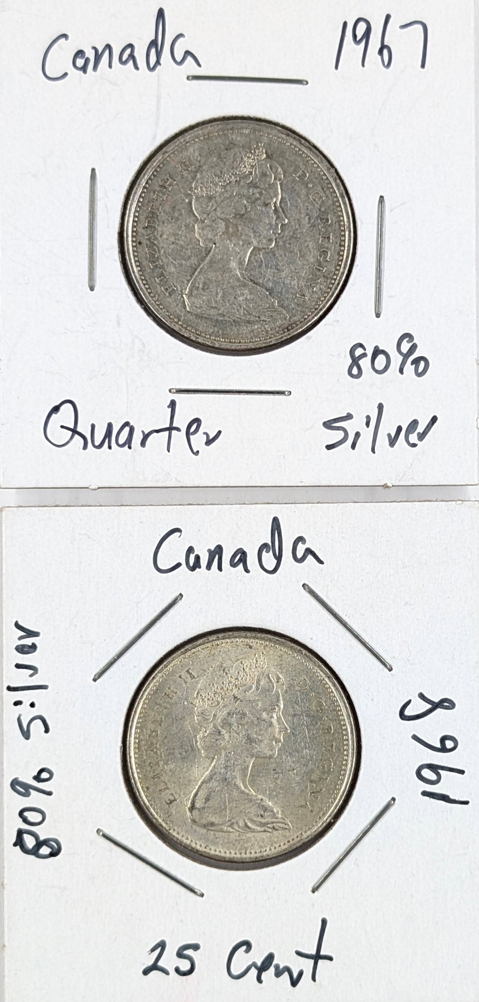 Lot of 2 Silver Canadian Quarters - 1967, 1968: 80% Silver 