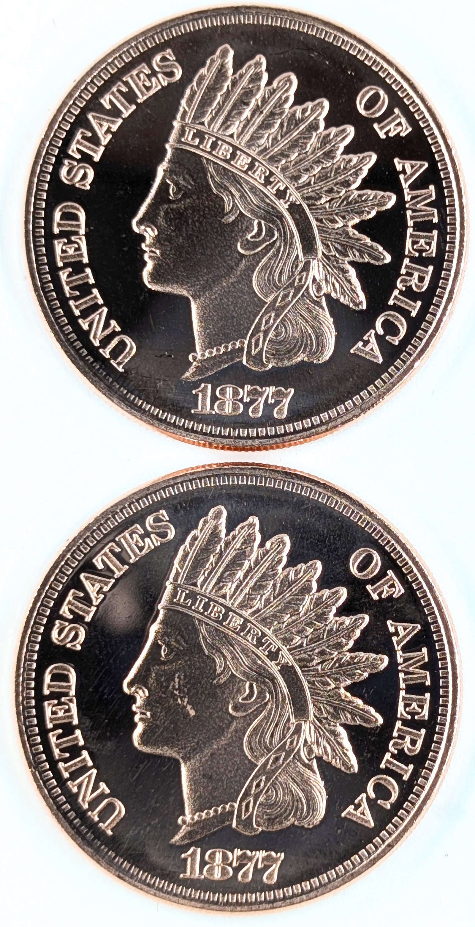 Lot of 2 - 1 Ounce (each) Fine .999 Copper Rounds - Indian Head: Copper 