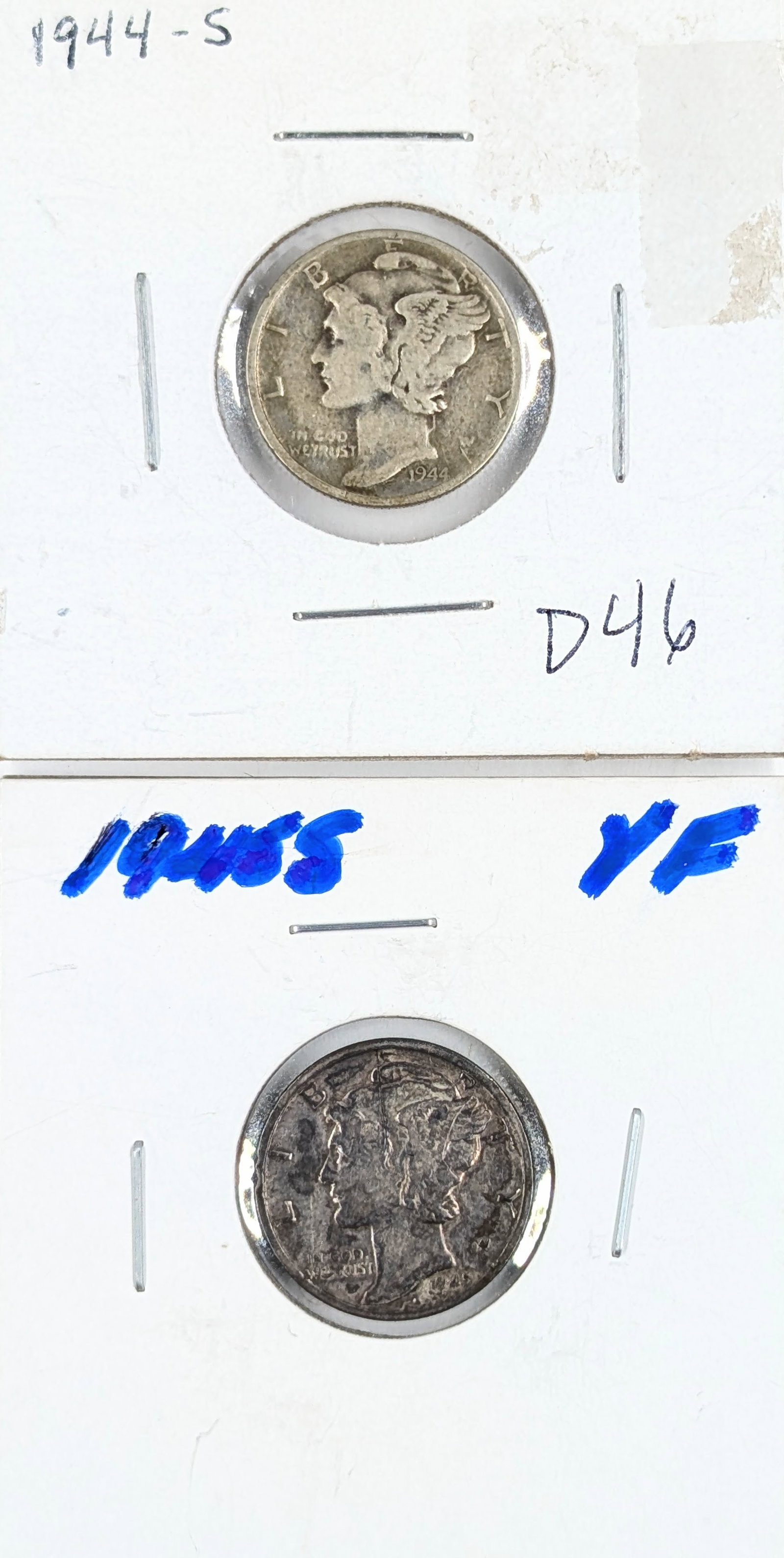 Lot of 2 Silver Mercury Dimes - 1944-S, 1945-S: Silver 