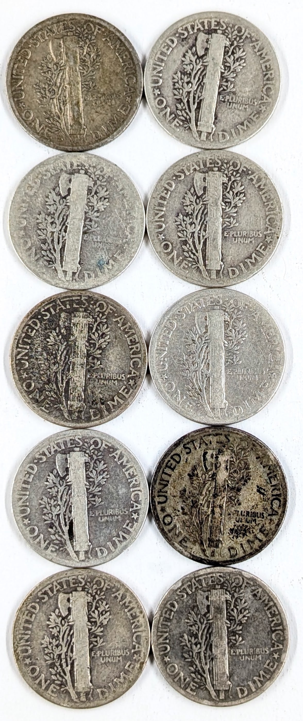 Lot of 10 Silver Mercury Dimes - 1935-194 - 2