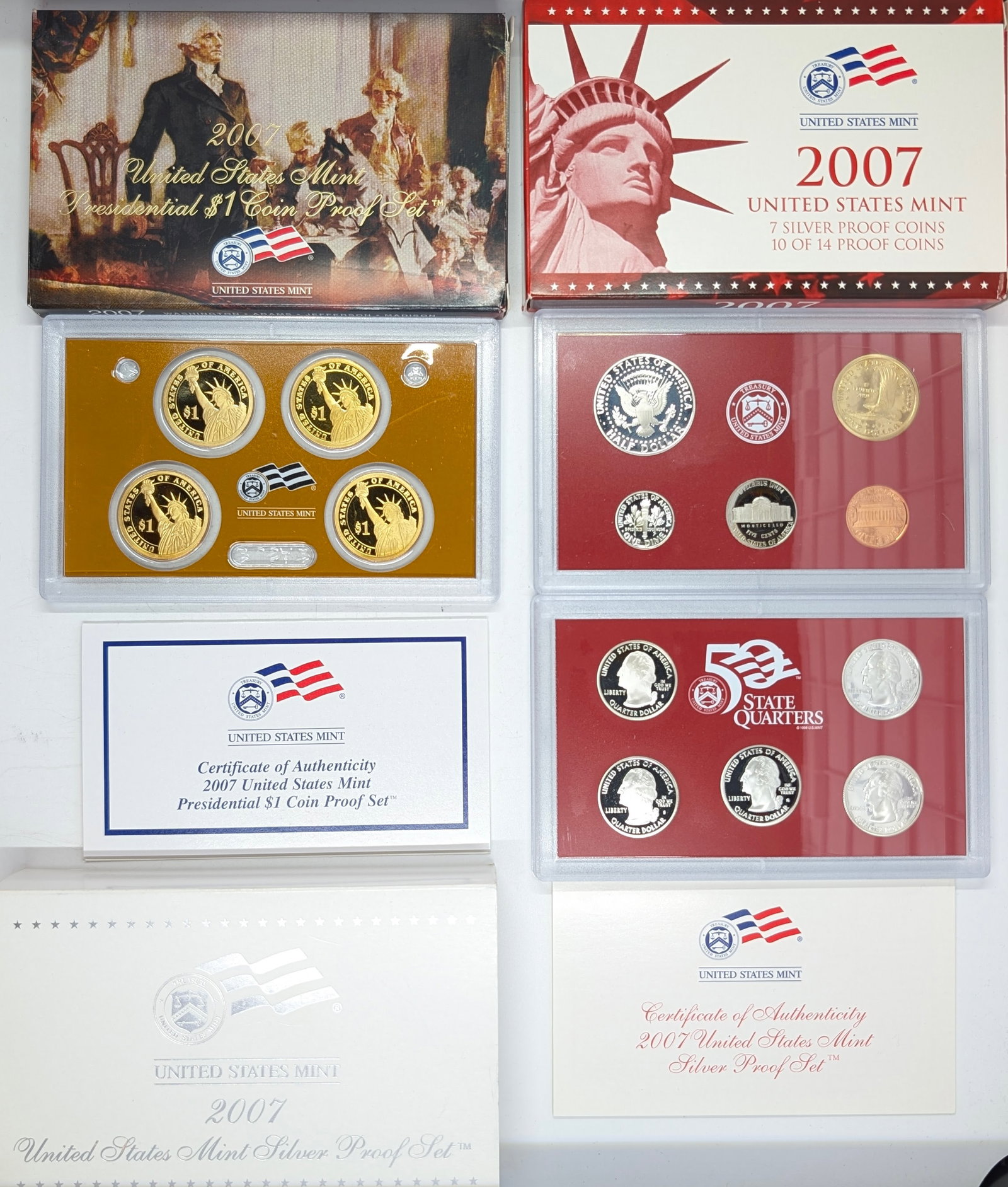 2007 Silver US Mint Proof Set w/ Presidential Dollars & Silver Half, Quarters & Dime w/ COAs - 2