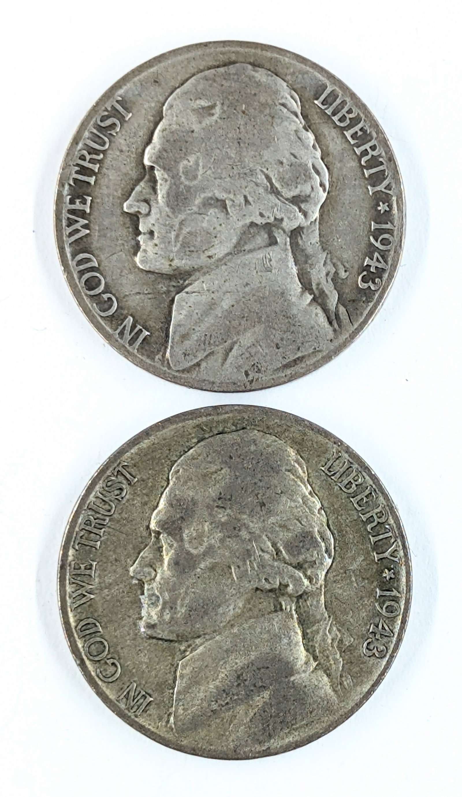 Lot of 2 Silver War Nickels - 1943 P/S: 35% Silver