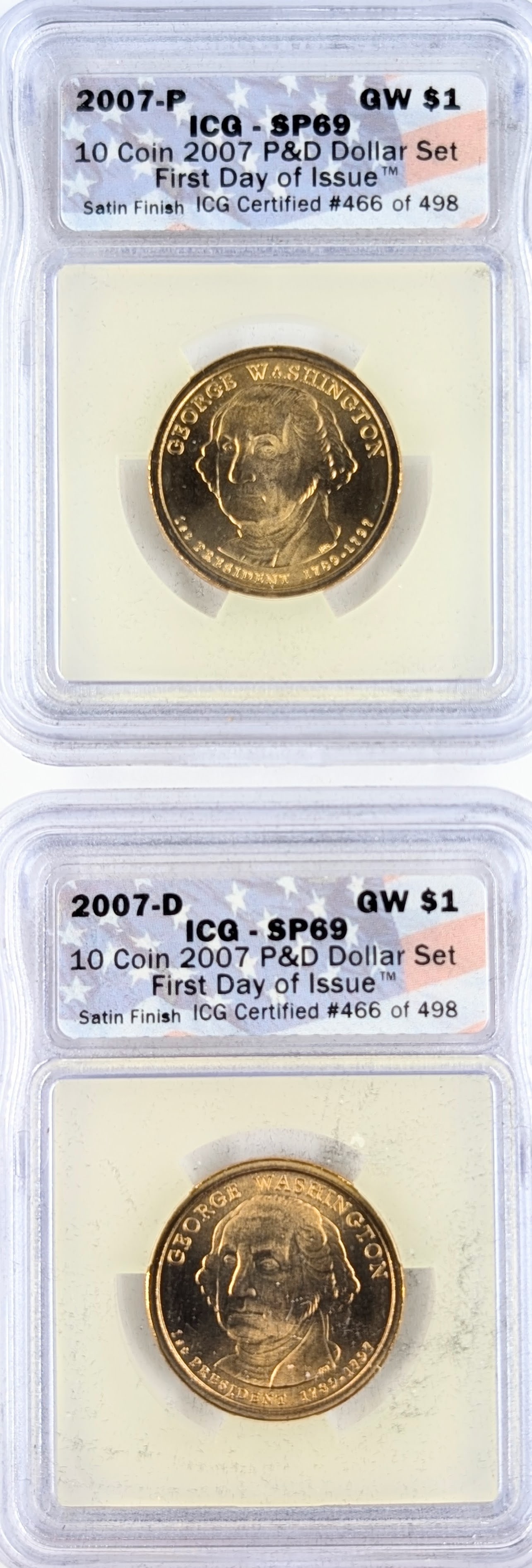 Lot of 2 ICG 2007 P/D SP69 Washington Presidential Dollars - First Day of Issue: Coin 