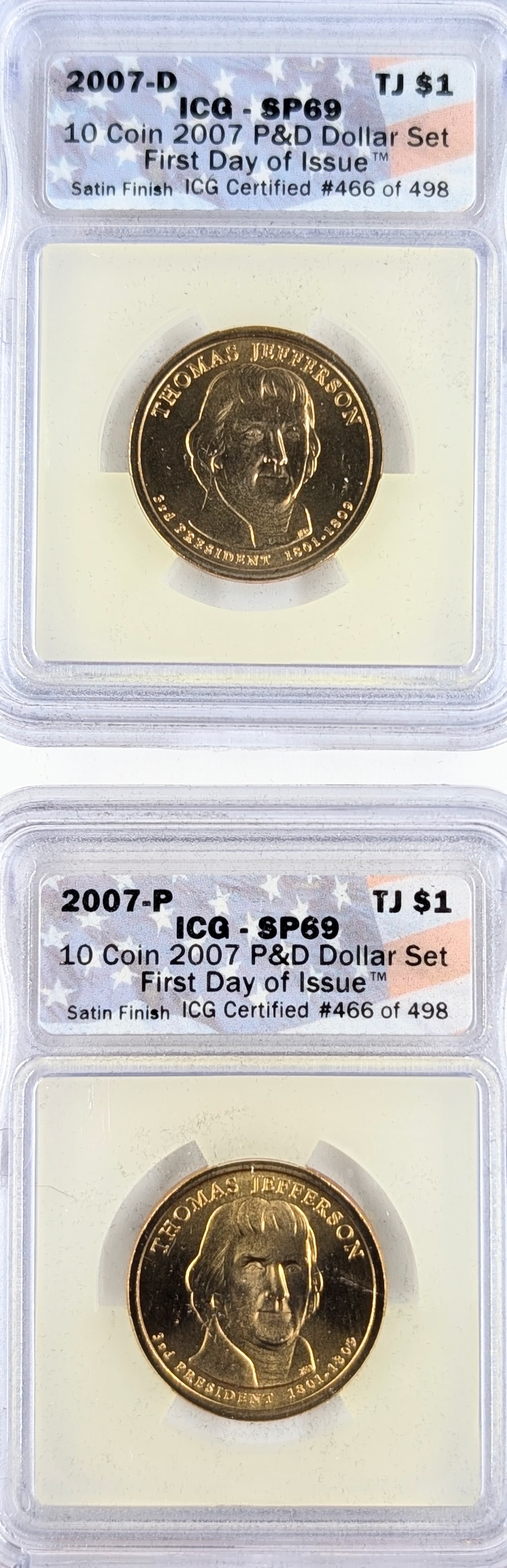 Lot of 2 UCG 2007 P/D SP69 Jefferson Presidential Dollars - First Day of Issue: Coin