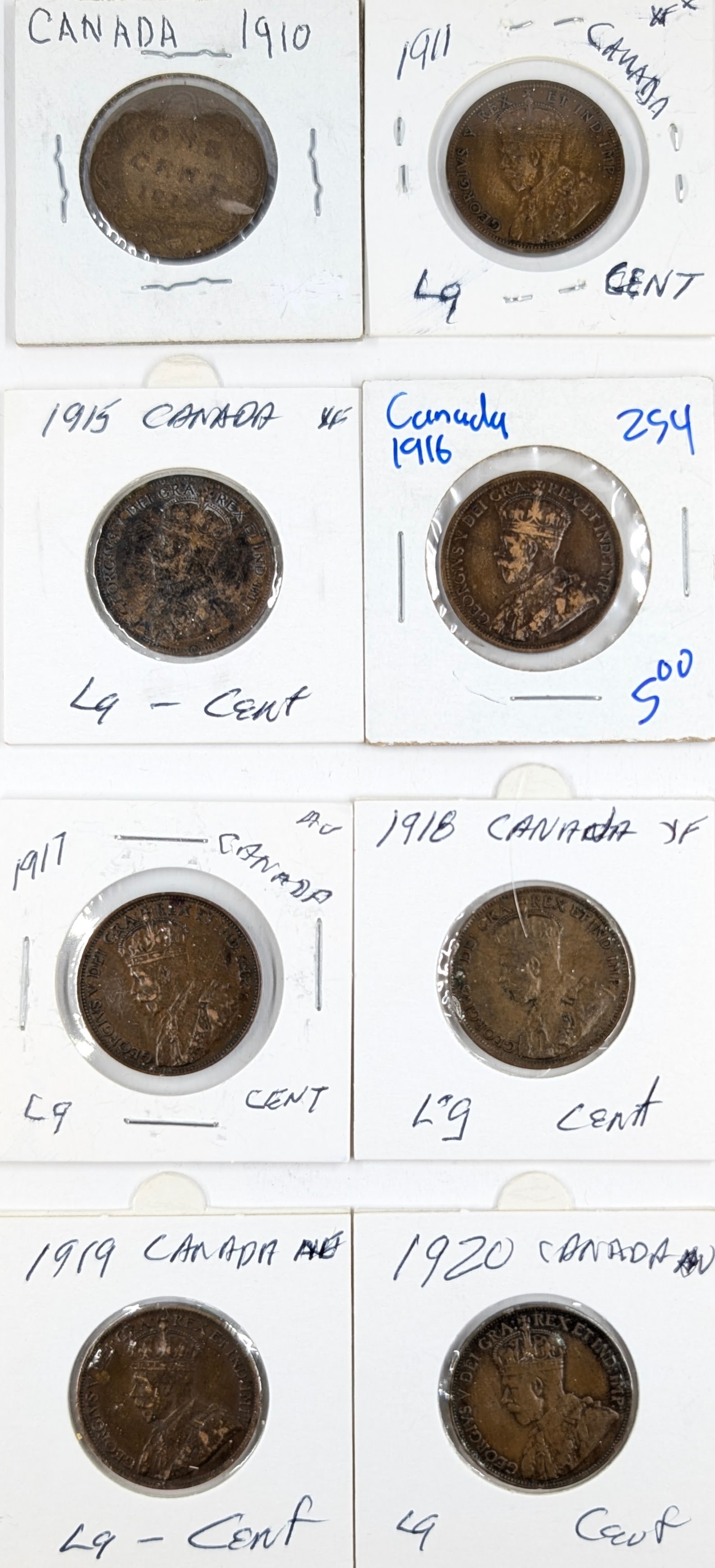 Lot of 8 Canadian Large Cents - 1910-1920: Coin 