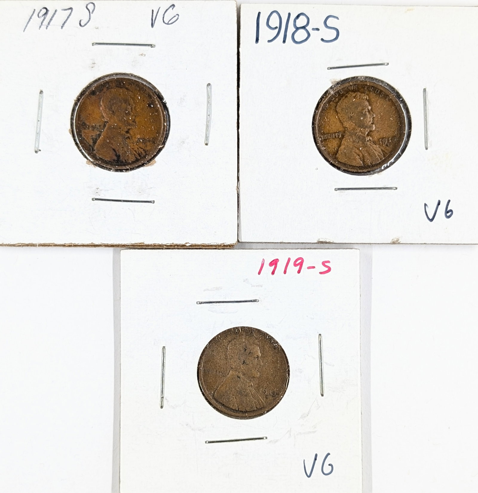 Lot of 3 Wheat Cents - 1917-S, 1918-S, 1919-S: Coin 
