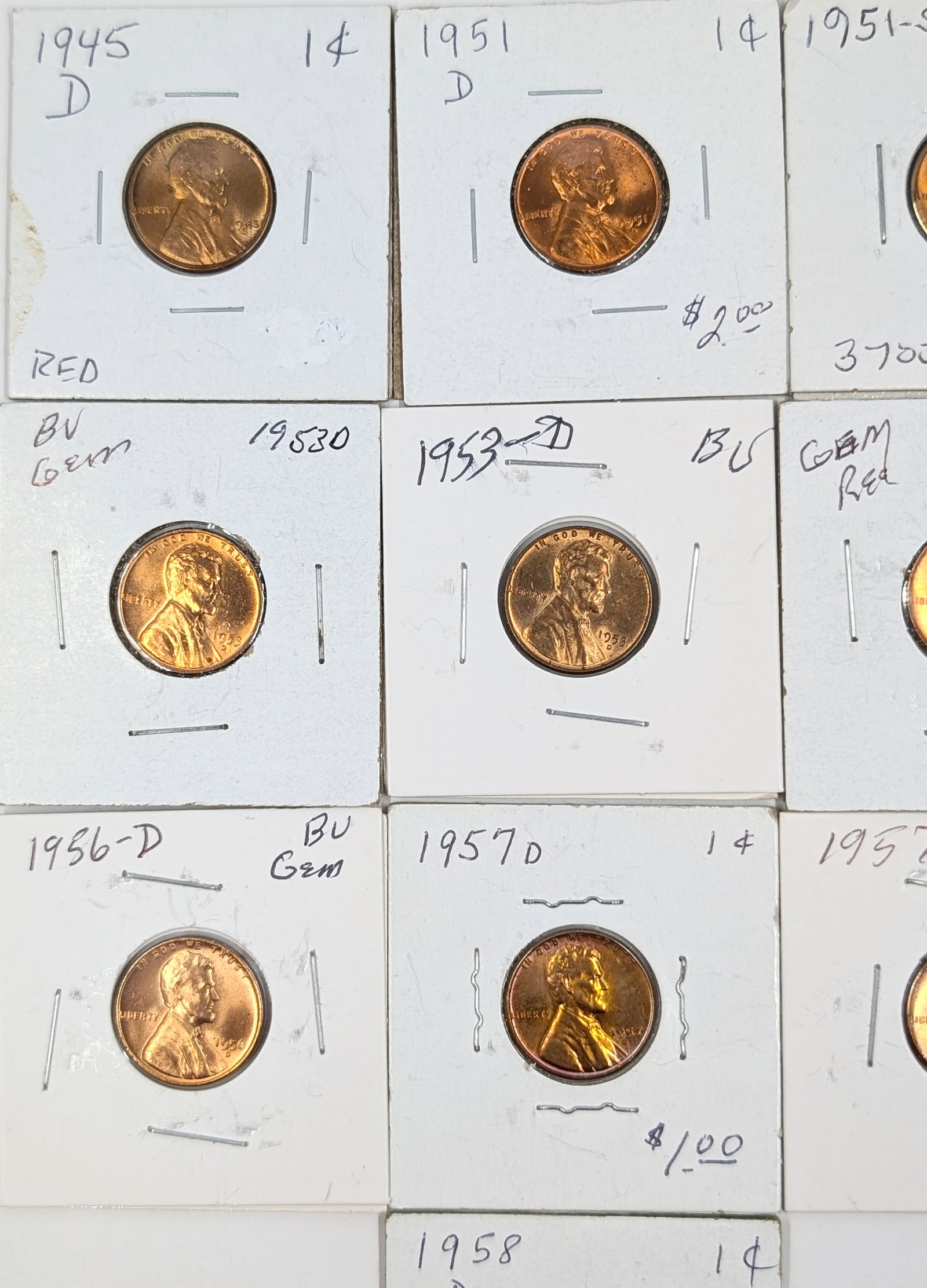 Lot of 10 Lincoln Cents - 1945-1958 - Proof or Uncirculated - 2