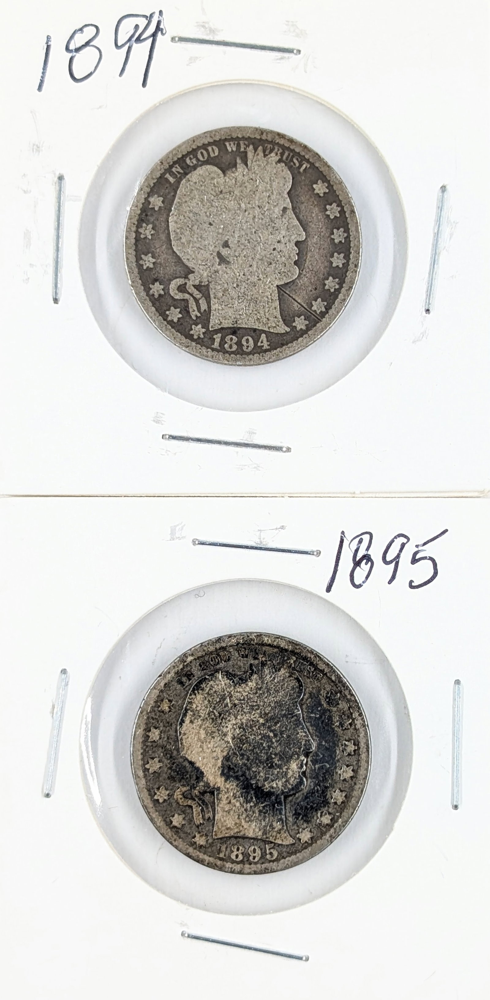 Lot of 2 Silver Barber Quarters - 1894, 1895: Silver 