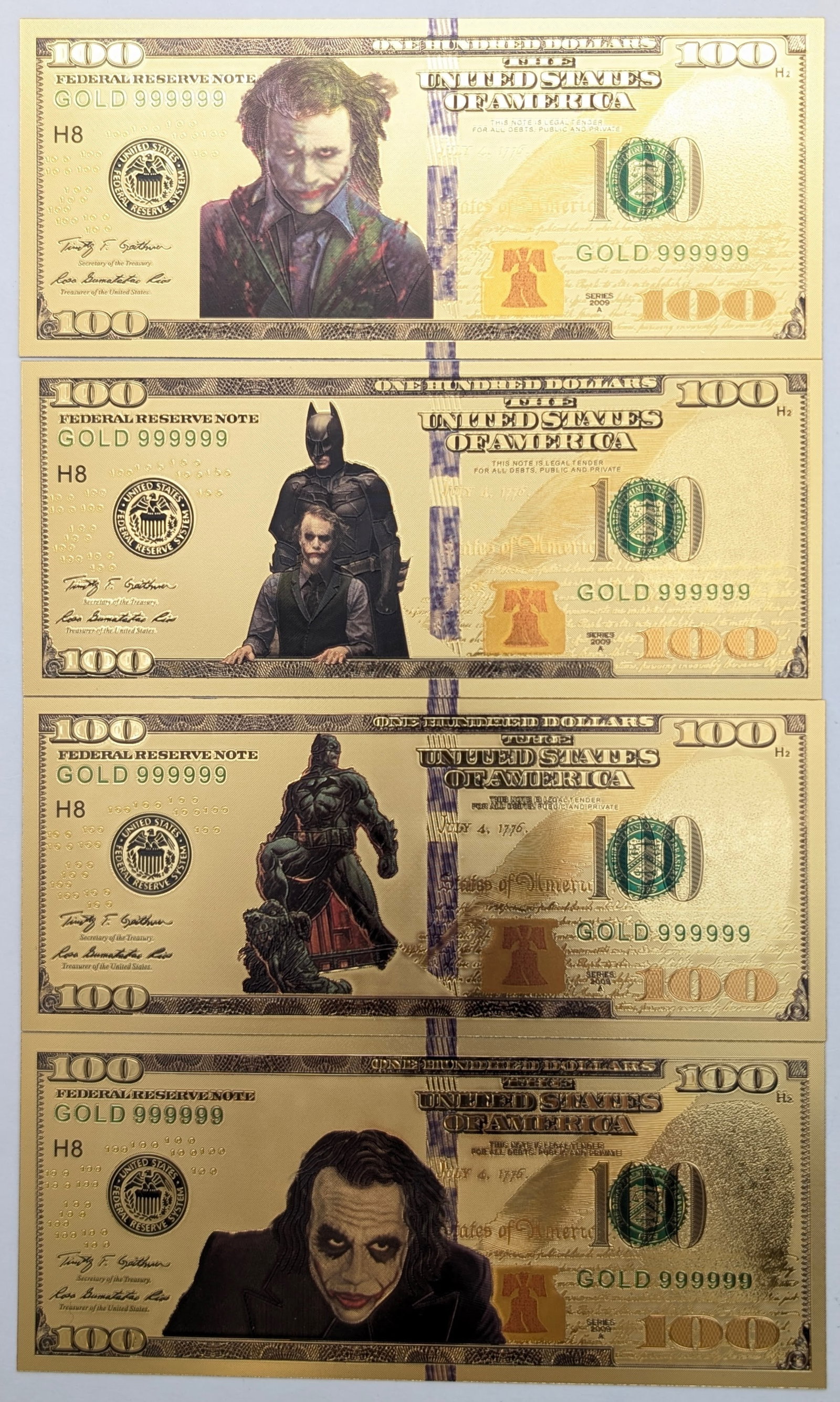 Lot of 4 Batman/Joker Gold foil $100 design: Goldfoil 
