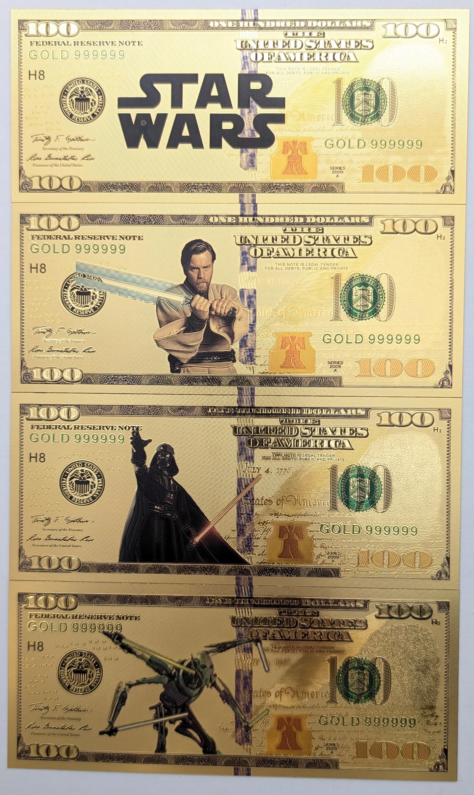 Lot of 4 Star Wars Gold foil $100 design: Goldfoil 
