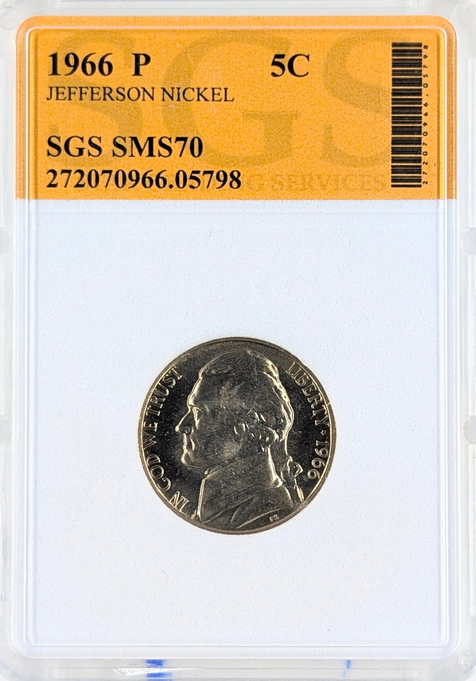 SGS 1966-P SMS70 Jefferson Nickel: Coin 