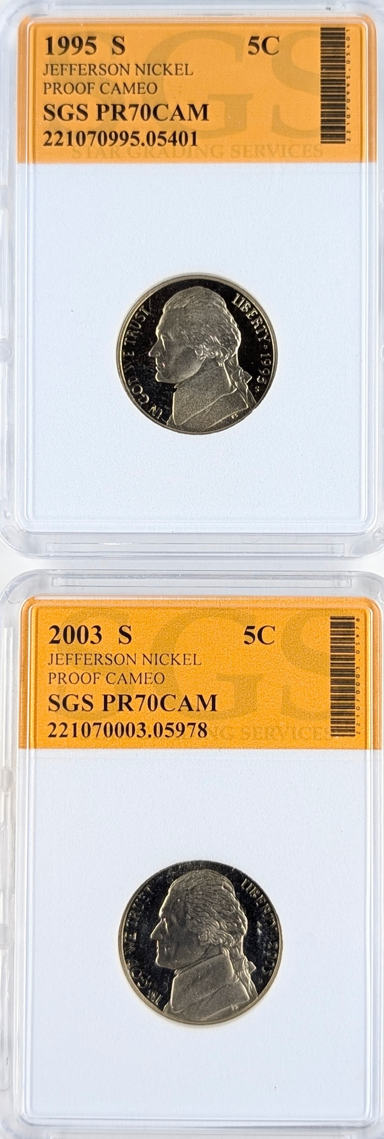 Lot of 2 SGS PR70 CAM Jefferson Nickels - 1995-S, 2003-S: Coin 