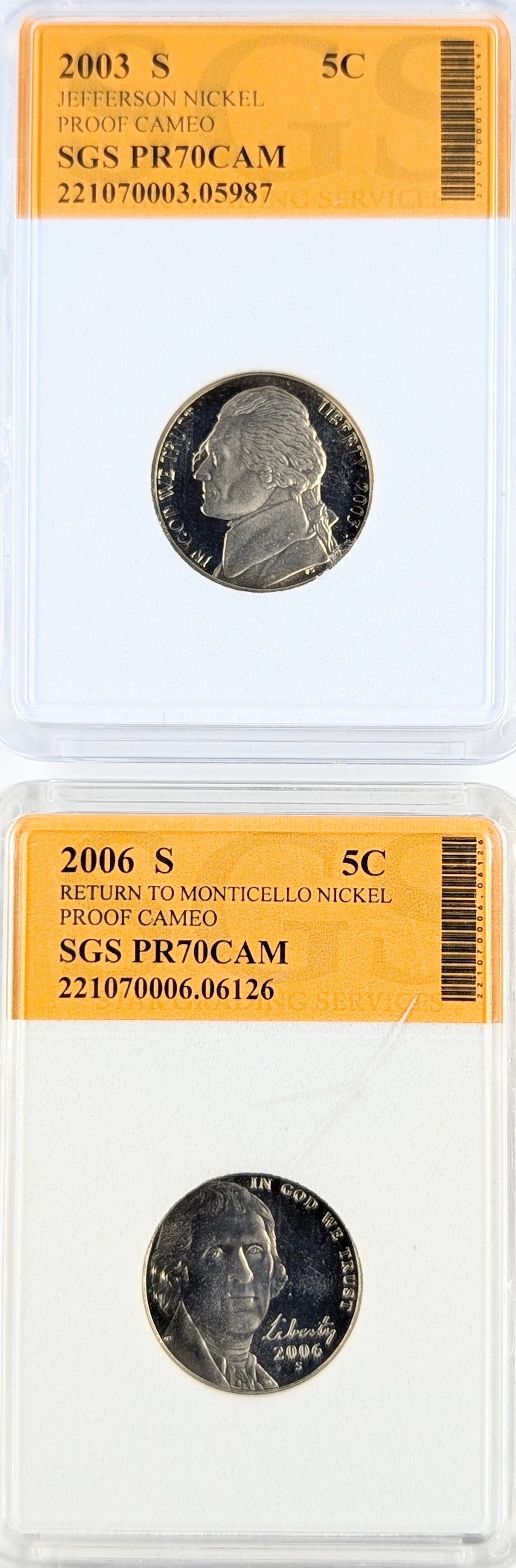 Lot of 2 SGS PR70 CAM Jefferson Nickels - 2003-S, 2006-S: Coin 