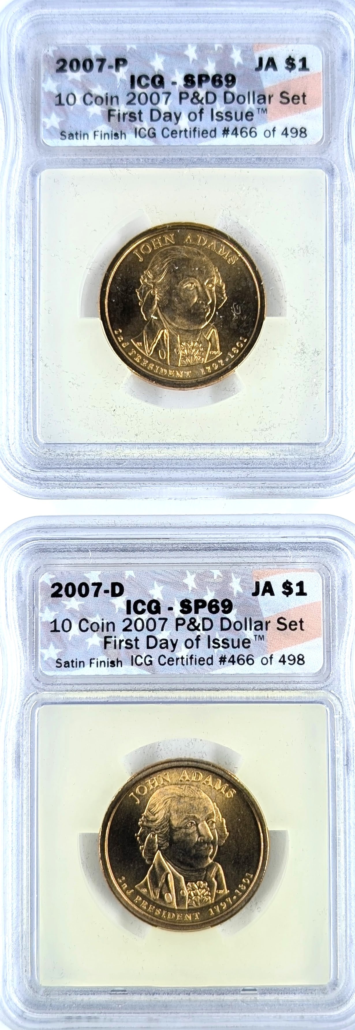 Lot of 2 ICG 2007 P/D SP69 Adams Presidential Dollars - First Day of Issue: Coin 