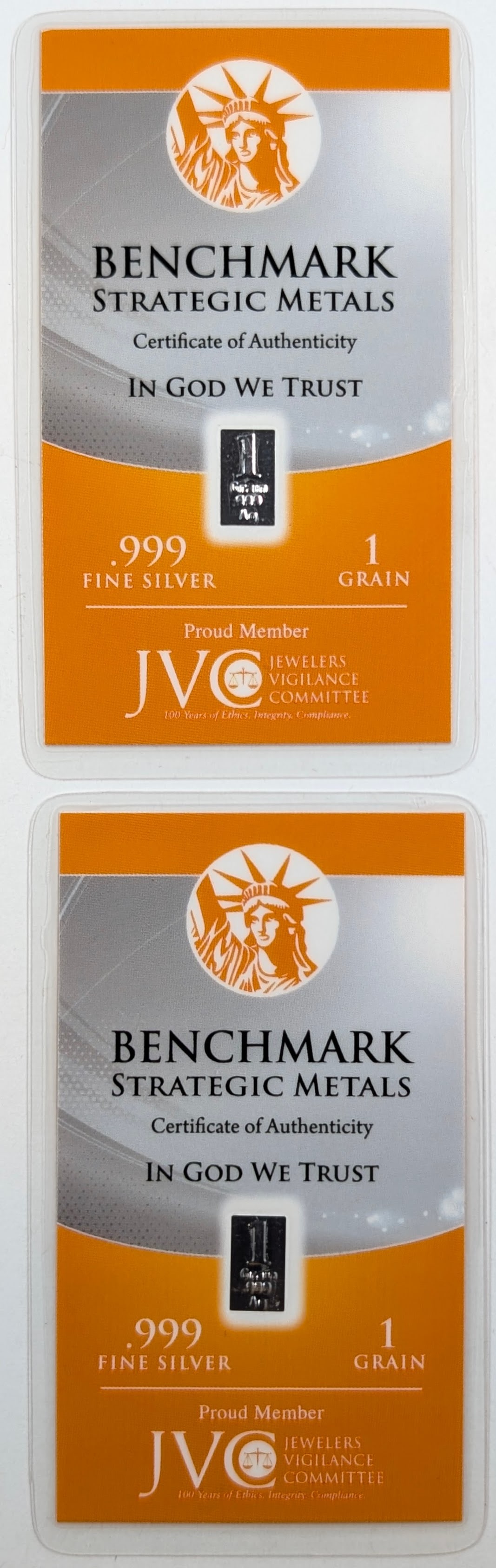 Lot of 2 - 1 Grain (each) .999 Silver Bars - Benchmark Strategic Metals: Silver 