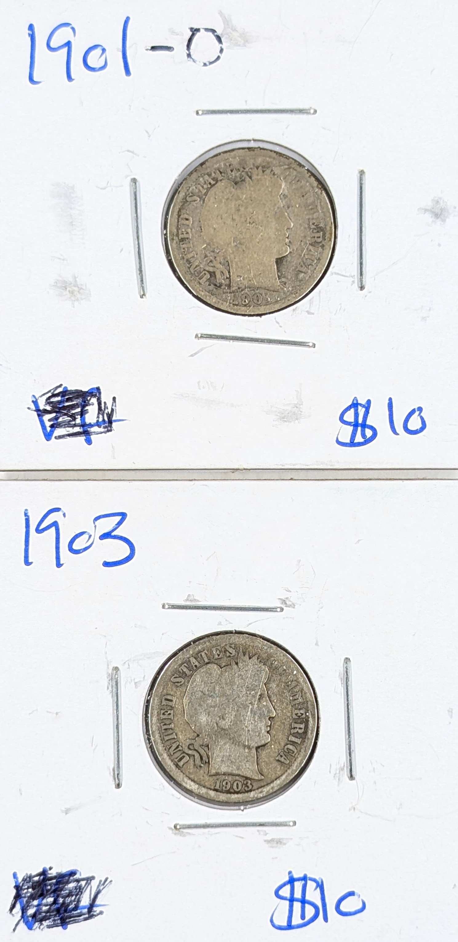 Lot of 2 Silver Barber Dimes - 1901-O, 1903: Silver 