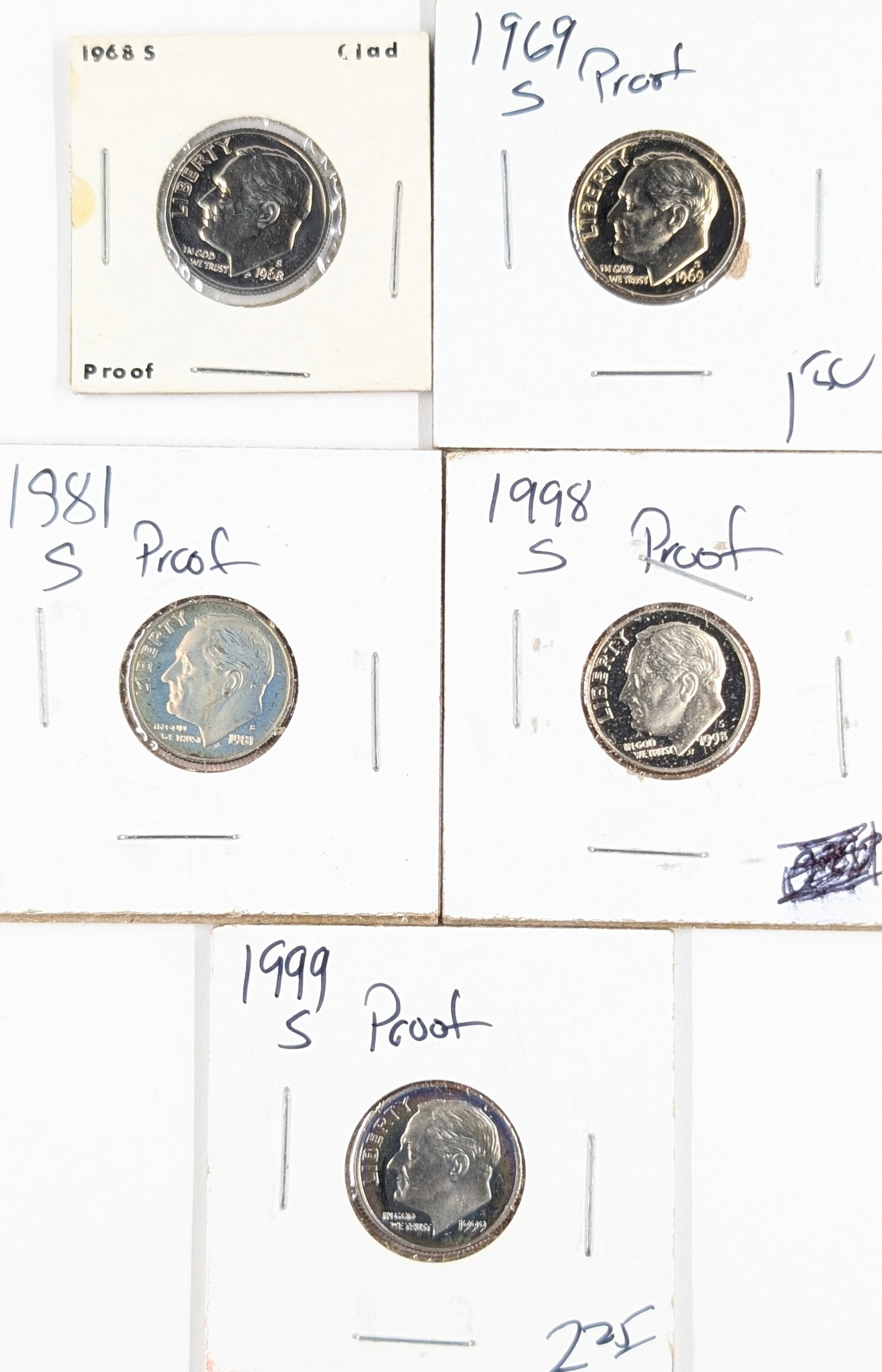 Lot of 5 Roosevelt Dimes - 1968-1999 - All Proofs: Coin
