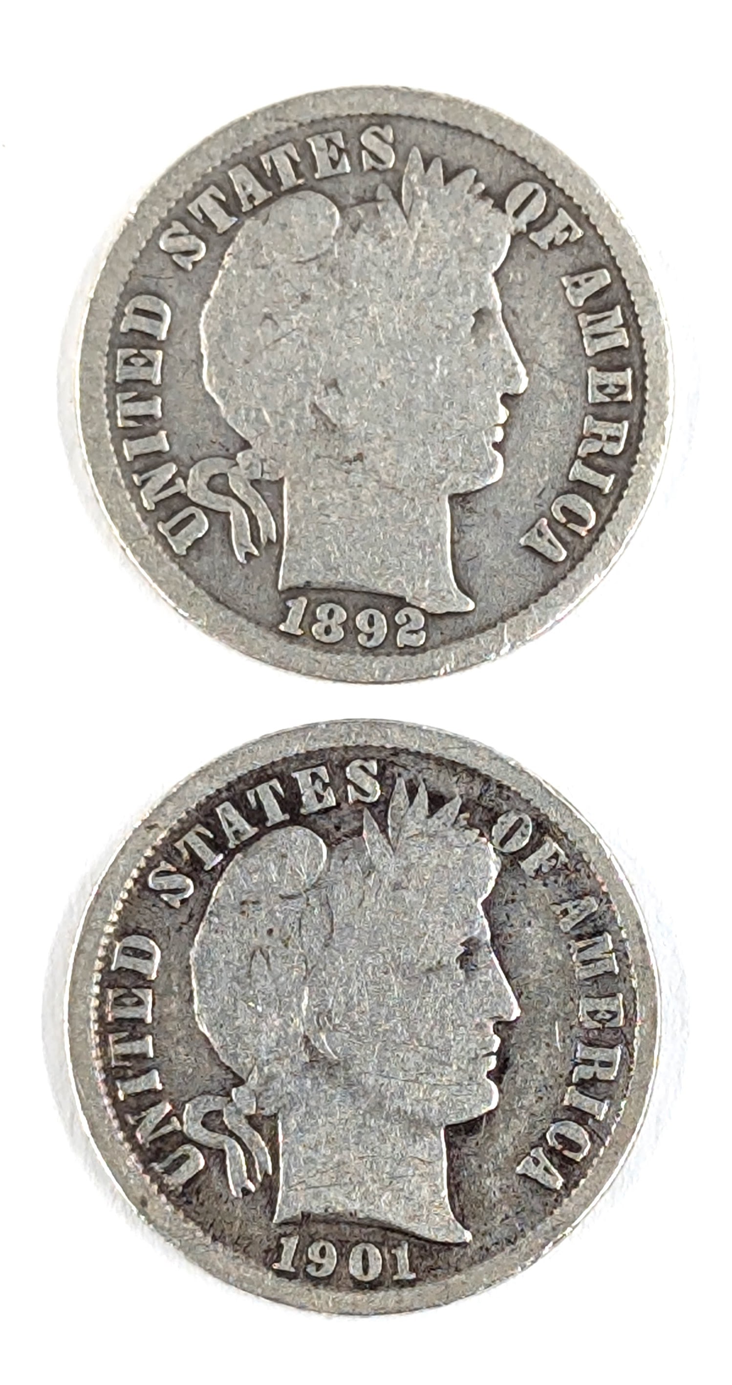 Lot of 2 Silver Barber Dimes - 1892, 1901: Silver 