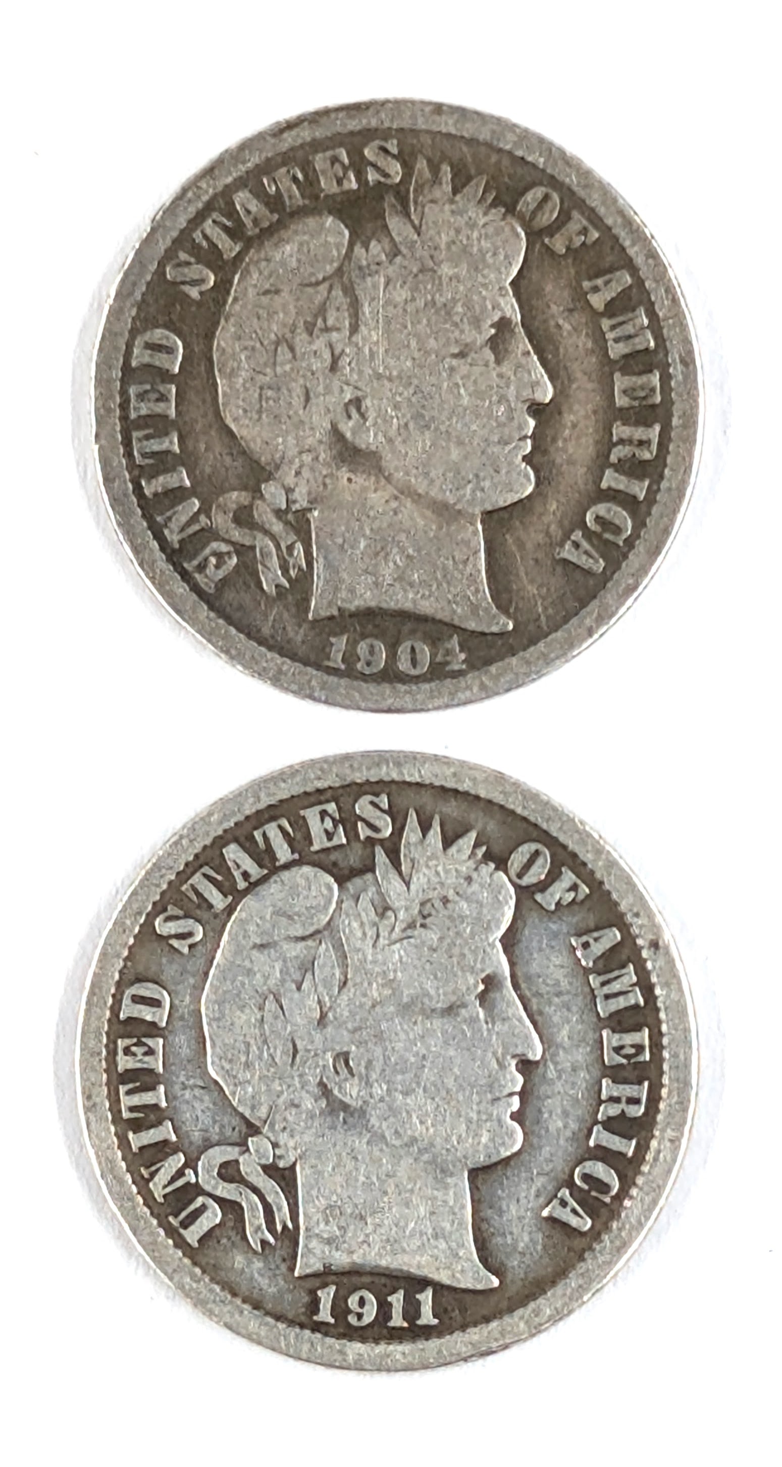 Lot of 2 Silver Barber Dimes - 1904, 1911: Silver 