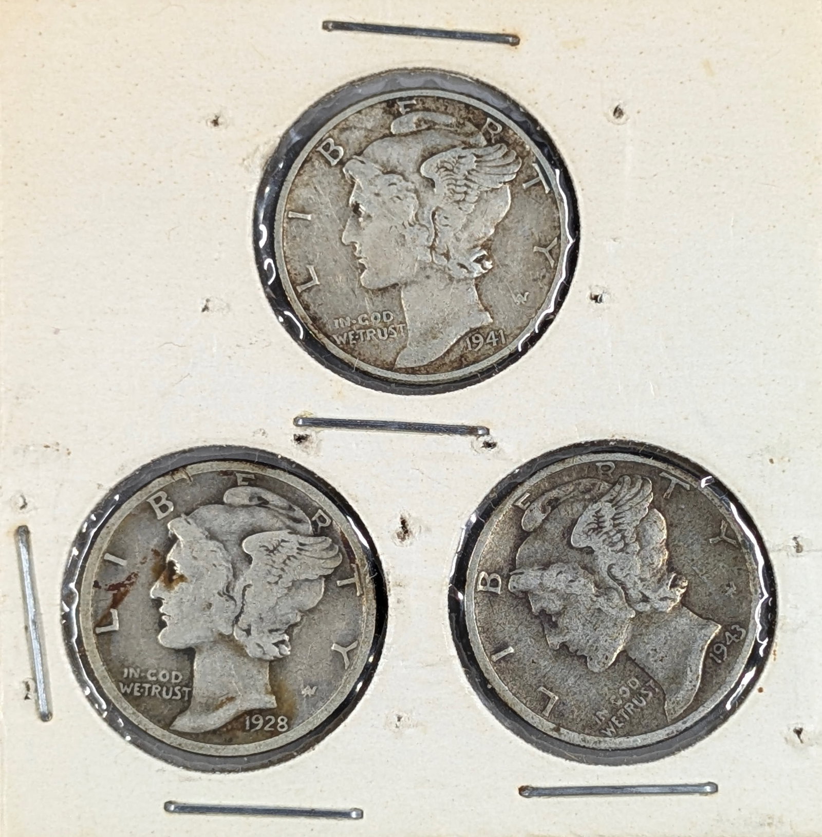 Lot of 3 Silver Mercury Dimes - 1928, 1941, 1943: Silver 