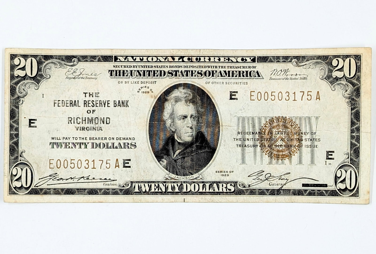 FEATURE 1929 $20 The Federal Reserve Bank of Richmond, VA Note - Gold Seal - Early Serial "005031...: Circulated Condition 