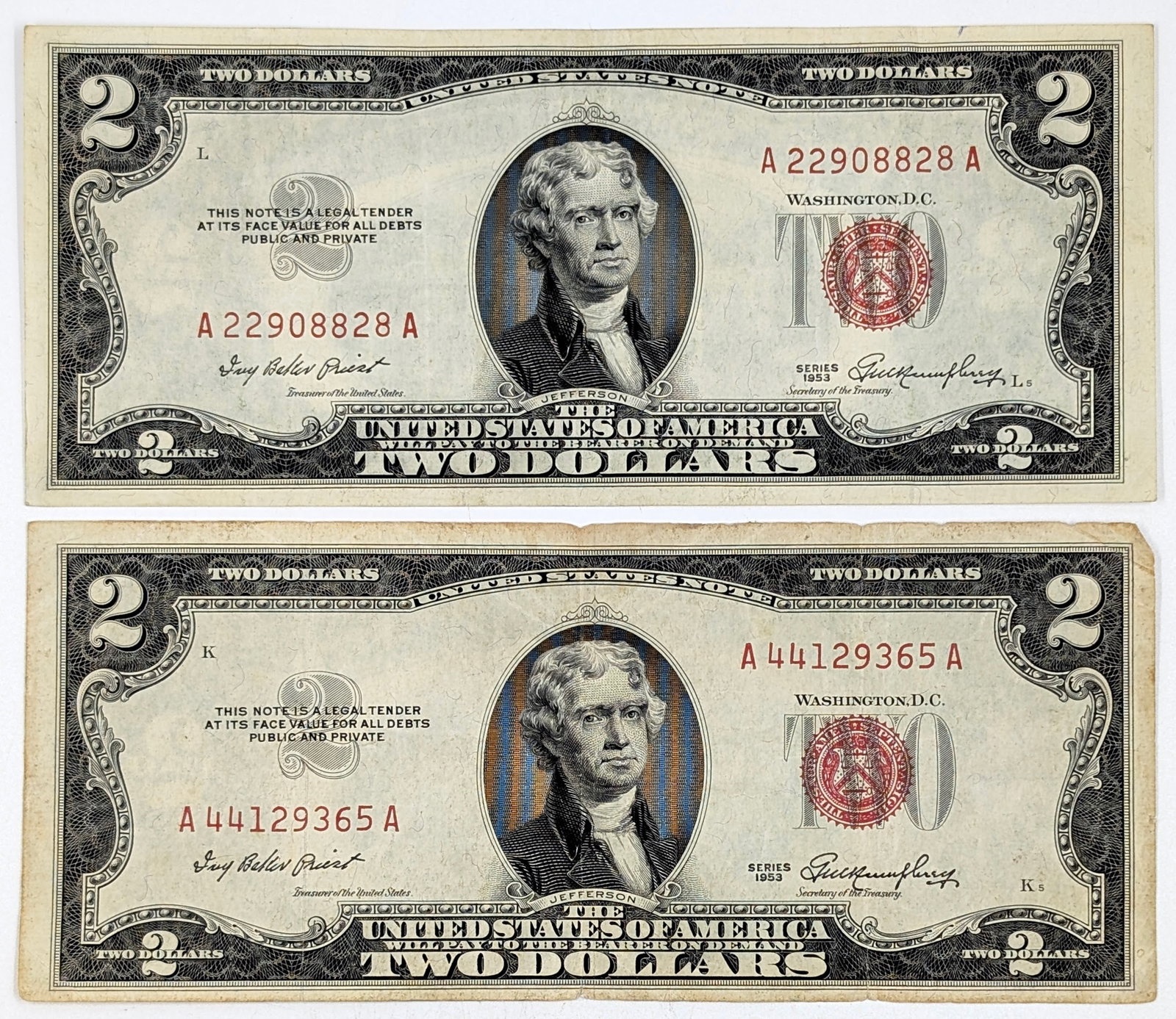 Lot of 2 - 1953 $2 Notes - Red Seals: Circulated 