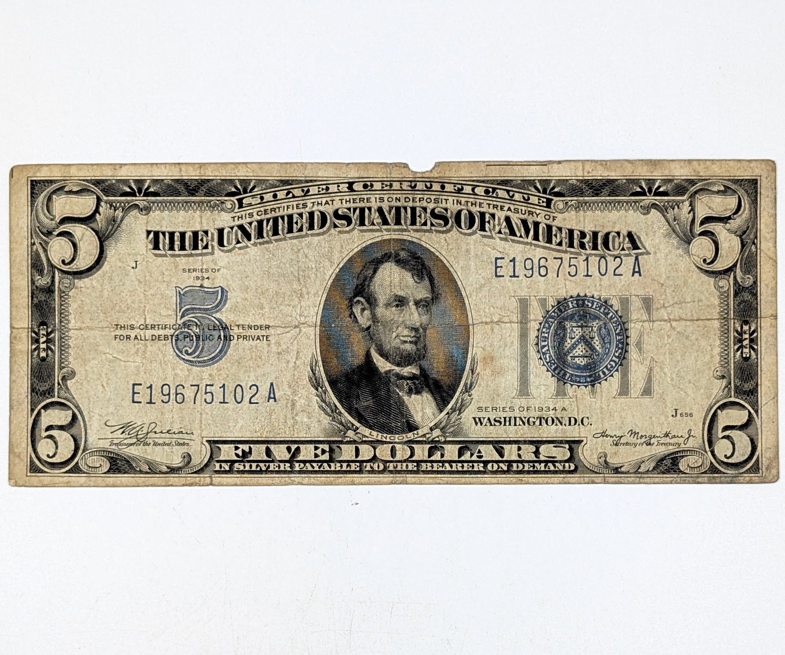1934-A $5 Note - Silver Certificate: Heavily Circulated 