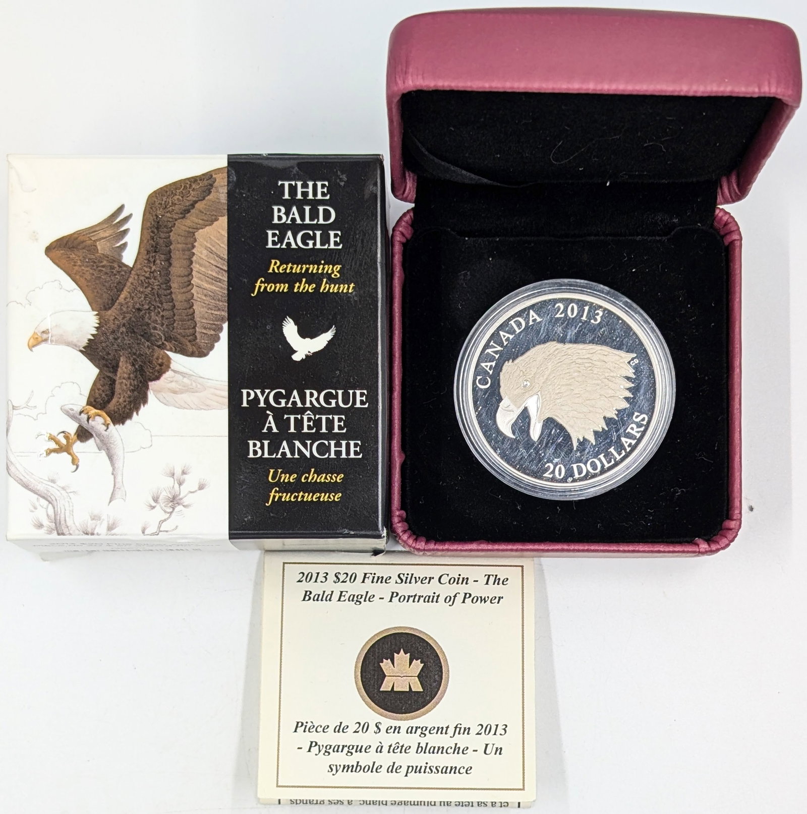 1 Ounce Fine .999 Silver 2013 Canadian $20 Proof Coin - The Bald Eagle w/ Box & Papers: Silver