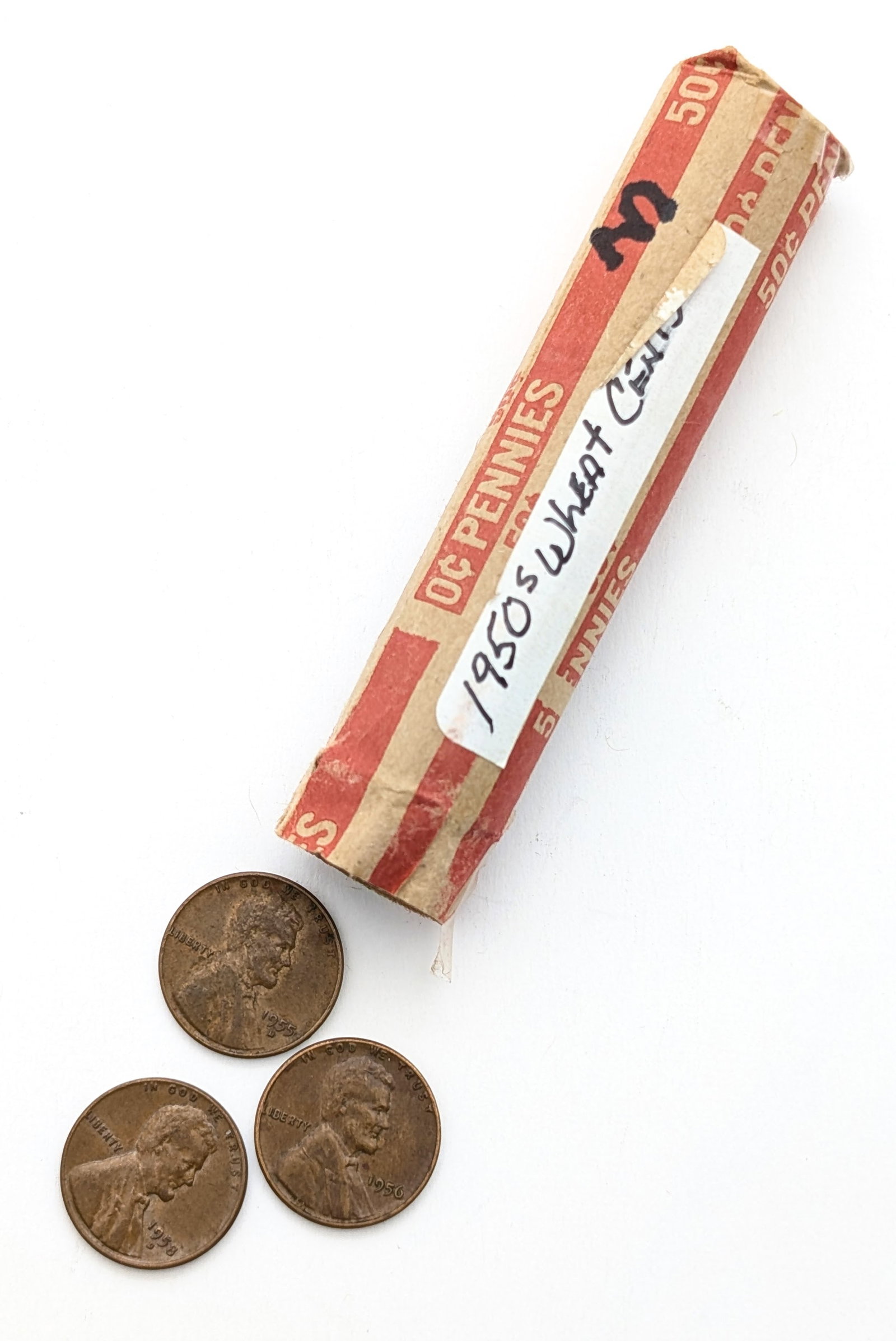 Roll of 50 Wheat Cents from the 1950s: Coin 