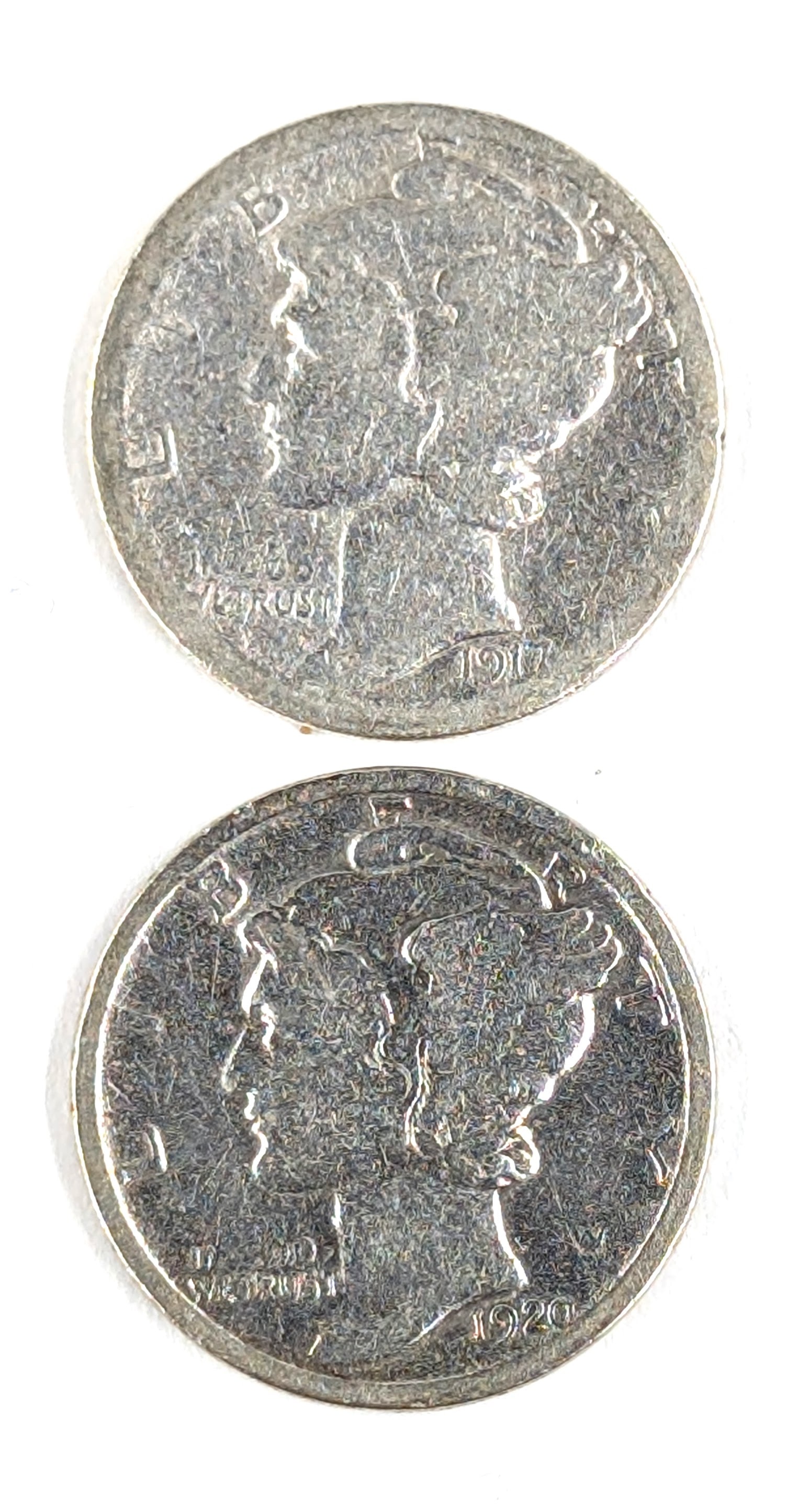 Lot of 2 Silver Mercury Dimes - 1917, 1920-D: Silver 