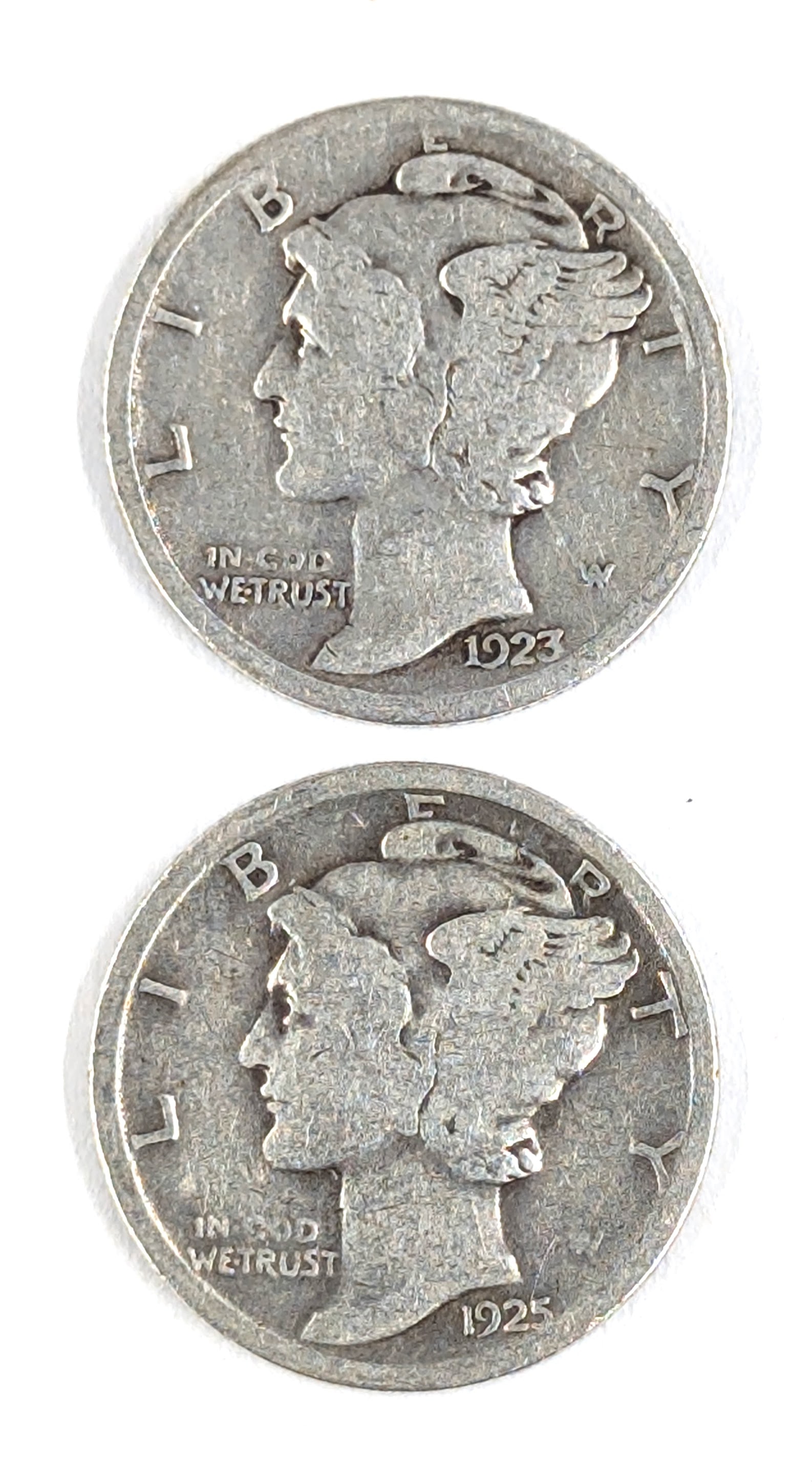 Lot of 2 Silver Mercury Dimes - 1923, 1925: Silver 