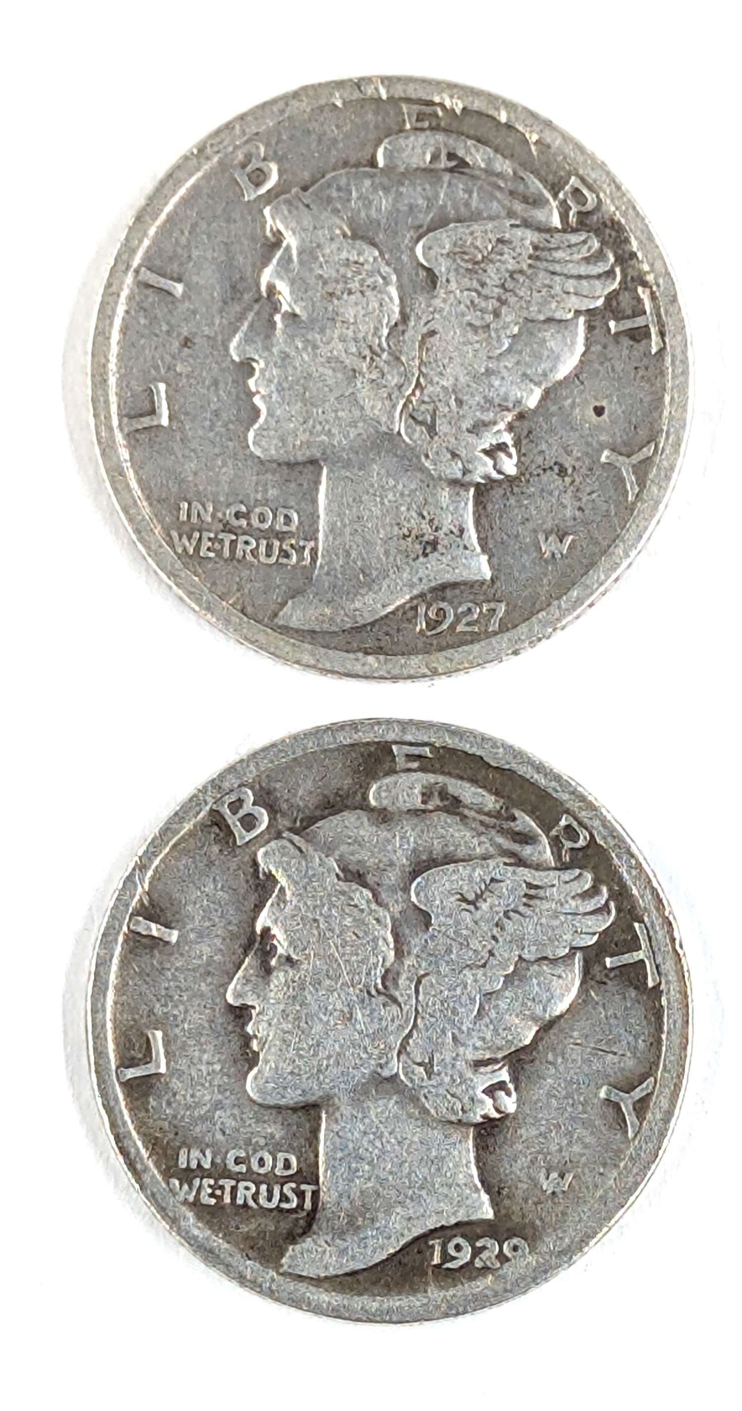 Lot of 2 Silver Mercury Dimes - 1927, 1929: Silver 