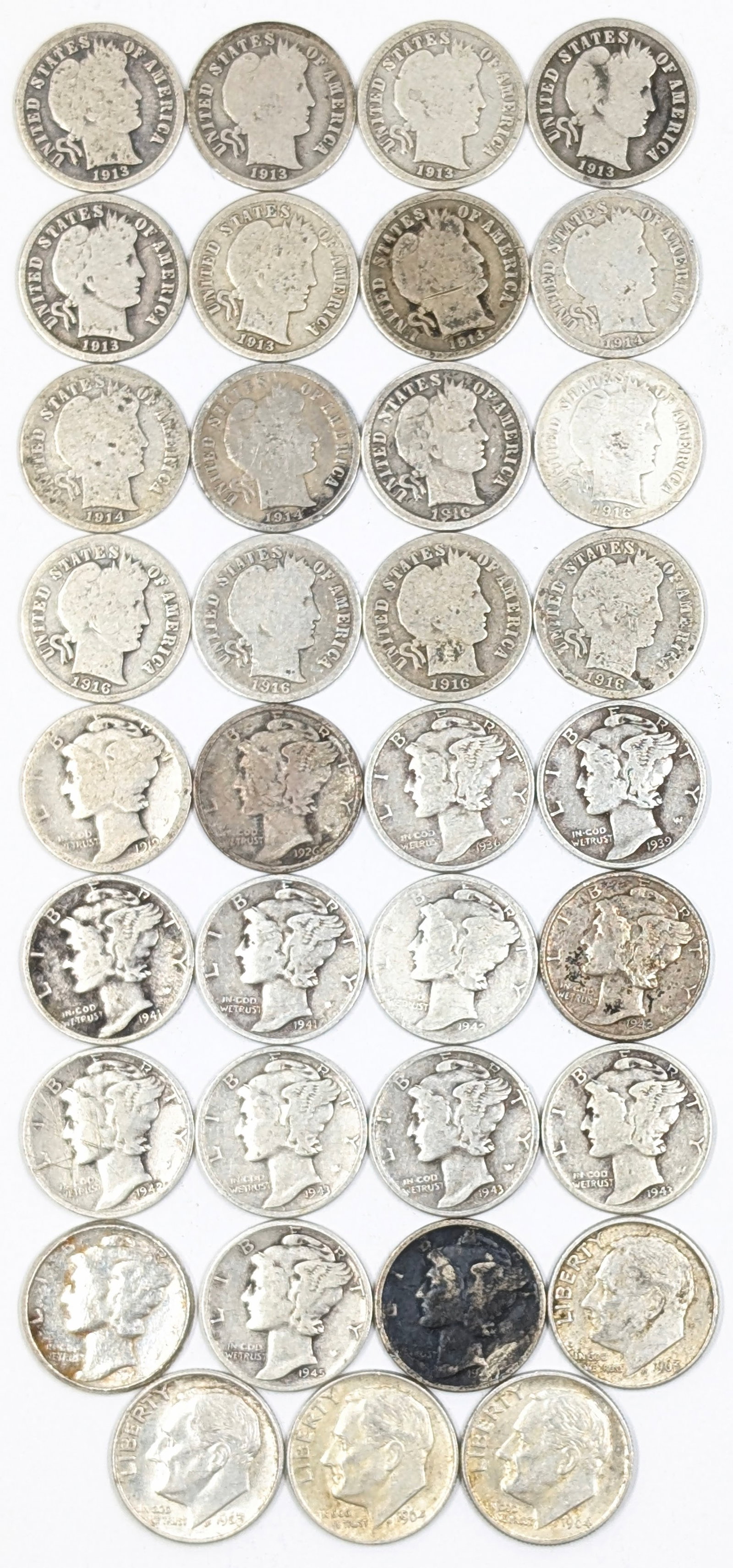 Large Lot of 35 Silver Dimes - Barber, Mercury, Roosevelt: Silver 